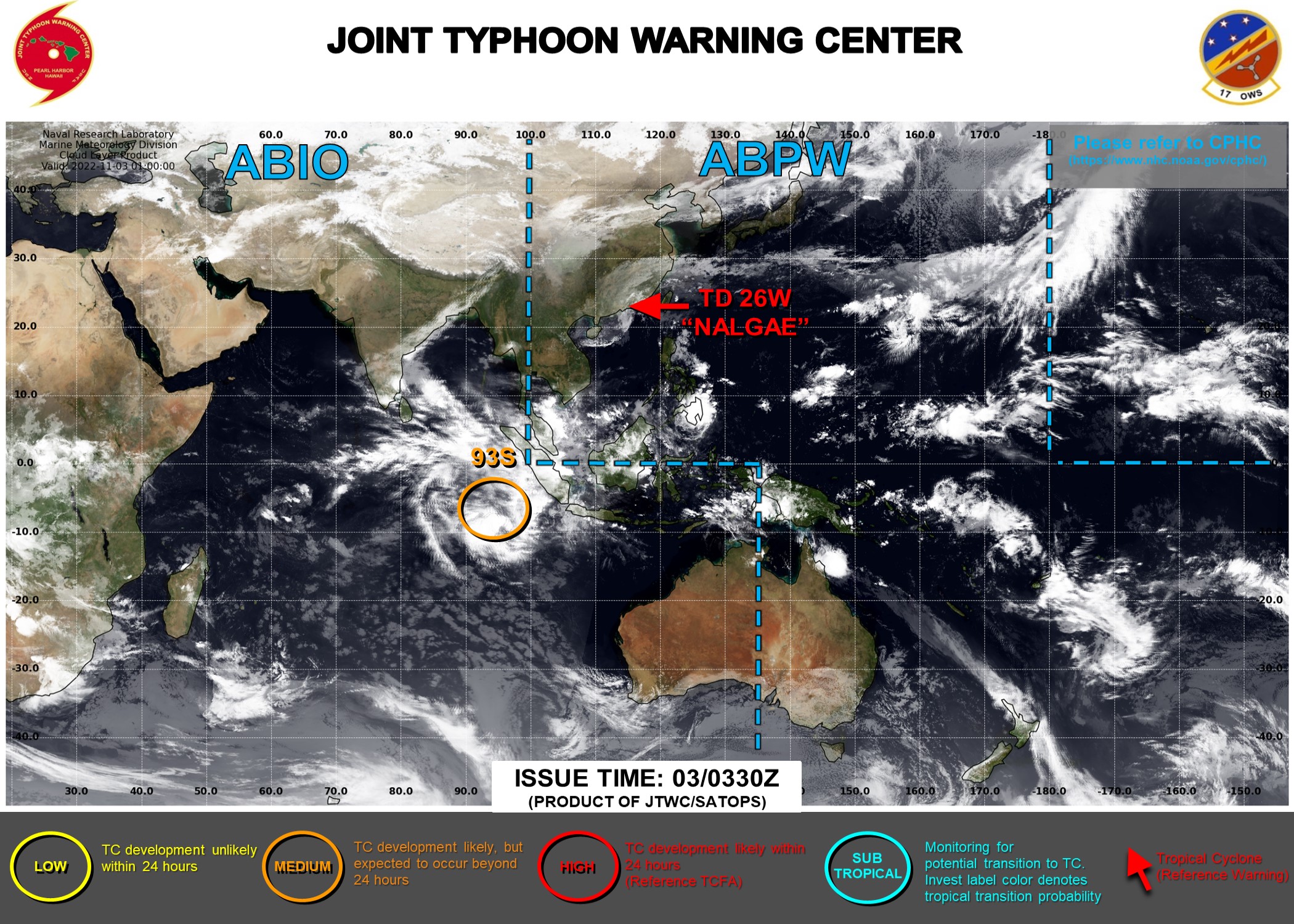 JTWC: 3HOURLY SATELLITE BULLETINS WERE DISCONTINUED AT 03/0540UTC ON 26W(NALGAE). THEY ARE NOW ISSUED ON INVEST 93S.