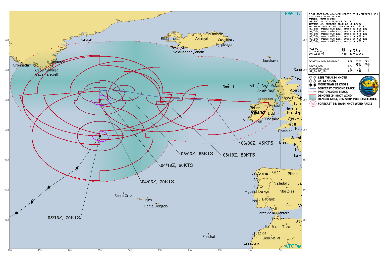 Post-Tropical Cyclone Martin Discussion Number  10 NWS National Hurricane Center Miami FL       AL162022 900 PM GMT Thu Nov 03 2022   ASCAT-C data that was not available until after the issuance of the  last advisory, but was valid at 1317 UTC, showed that Martin likely  became frontal earlier today and the system no longer has a  well-defined circulation. In addition, both TAFB and SAB evaluated  the system as extratropical at 1800 UTC. Therefore, Martin is now  classified as post-tropical and this will be the last NHC advisory.   While Martin does not currently appear to have a well-defined  center, the powerful post-tropical cyclone is expected to redevelop  a well-defined center as it occludes over the next 12 to 24 h.  Martin is moving at a remarkable clip of 50 kt, but should begin to  slow down soon and turn north-northwestward during the next few  hours. After that, the cyclone is forecast to move relatively slowly  on Friday before picking up speed toward the east-southeast or east  through the early weekend. Martin's maximum winds are still forecast  to slowly decrease over the next few days, however the combination  of Martin and other non-tropical low pressure systems are still  expected to produce hazardous wind and seas over a very wide area of  the North Atlantic for the next couple of days.   Additional information on marine hazards can be found in High Seas  Forecasts issued by the National Weather Service, the UK Met  Office, and Meteo France. Links to each product are provided below.  * National Weather Service: AWIPS Header NFDHSFAT1, WMO header  FZNT01 KWPC, and online at ocean.weather.gov/shtml/NFDHSFAT1.php * UK Met Office: WMO header FQNT21 EGRR and online at  www.metoffice.gov.uk/weather/specialist-forecasts/coast-and-sea/high -seas-forecast/ * Meteo France: WMO header FQNT50 LFPW and online at  www.meteofrance.com/previsions-meteo-marine/bulletin/grandlarge/ metarea2.    FORECAST POSITIONS AND MAX WINDS   INIT  03/2100Z 50.5N  34.5W   70 KT  80 MPH...POST-TROPICAL  12H  04/0600Z 55.0N  35.0W   70 KT  80 MPH...POST-TROP/EXTRATROP  24H  04/1800Z 56.5N  35.0W   60 KT  70 MPH...POST-TROP/EXTRATROP  36H  05/0600Z 56.5N  31.0W   55 KT  65 MPH...POST-TROP/EXTRATROP  48H  05/1800Z 55.5N  25.0W   50 KT  60 MPH...POST-TROP/EXTRATROP  60H  06/0600Z 55.0N  17.0W   45 KT  50 MPH...POST-TROP/EXTRATROP  72H  06/1800Z...DISSIPATED   $$ Forecaster D. Zelinsky