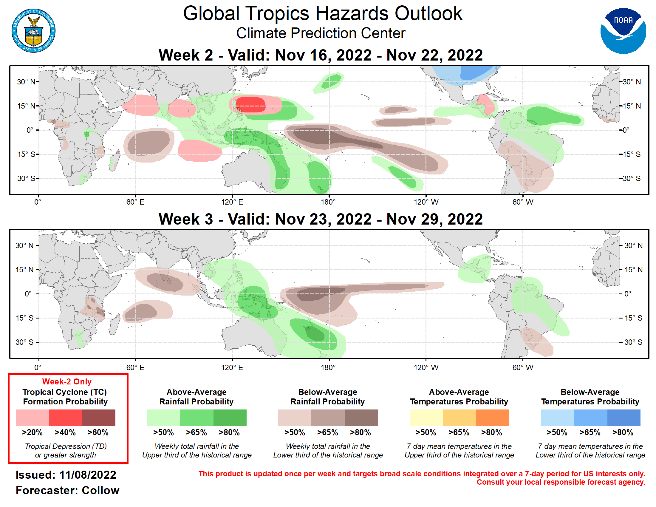 Outlook Discussion Last Updated - 11/08/22 Valid - 11/16/22 - 11/29/22 ﻿During the past week, there has been coherent eastward propagation of the RMM-based Madden Julian Oscillation (MJO) index through phase 7. However, the phase speed of the propagation in RMM space is more indicative of a Kelvin Wave rather than a true MJO. The ECMWF, JMA, and GEFS ensembles indicate a weakening of the enhanced convective signal in the short-term, with the RMM index decaying back into the unit circle. However, by week-2, these models depict a renewed MJO event across the Maritime Continent and West Pacific. While the global convective pattern has been spatially disorganized for the past couple of weeks, there has been some reorganization with enhanced convection becoming focused across North America, Atlantic, and Africa, and suppressed convection situated over the West Pacific. This pattern is notably out of phase with the current La Nina state, but is favored to revert back to a typical La Nina pattern in the next few weeks, aided by the forecast reemergence of the MJO over the Maritime Continent.  The enhanced convection across the Atlantic has led to an uptick in tropical cyclone (TC) activity with two TCs forming over the basin in the past week. Hurricane Martin tracked across the North Atlantic before dissipating on 11/3. Tropical storm Nicole developed on 11/7 and is forecast to reach hurricane strength before impacting Florida over the next few days. The Eastern and Western Pacific basins have been quiet during the past week, tied to suppressed convection across the Western Pacific and an overall diminishing climatology. A tropical storm (04S) developed across the Southern Indian Ocean on 11/4. This system was short-lived and did not impact any land areas.  Looking ahead, TC development chances are likely to diminish across both the North Atlantic and East Pacific basins as the hurricane season draws to a close. The National Hurricane Center is monitoring Invest 97L over the open central Atlantic. This disturbance currently has a 30 percent chance of developing into a TC during the next 5-days, although its potential has been decreasing over the past few days. By week-2, ECMWF and GEFS ensembles indicate surface low pressure in the western Caribbean that may organize into a TC, justifying a 20 percent TC formation area in this region during week-2.  Following a relatively quiet period, TC development is forecast to increase across parts of the Indian Ocean and West Pacific, corresponding to a renewed MJO propagation by week-2. There are increased signals in the dynamical model guidance over both the Arabian Sea and Bay of Bengal, as well as over the southern Indian Ocean, which are consistent with climatology and the forecast phase 5-6 of the MJO. Therefore, 20% chances for TC formation are highlighted over these areas. TC development is also possible to the east of the Philippines during week-2 (40% chance) as enhanced convection returns to the region.  The precipitation outlook for the next two weeks is based on anticipated TC tracks, ongoing La Nina conditions, and consensus of GEFS, CFS, and ECMWF ensemble mean solutions. Suppressed (enhanced) rainfall continues near and to the east of the Date Line (over the Maritime Continent and western Pacific) due to ongoing La Nina conditions and the forecast reemergence of the MJO signal over the region. Enhanced rainfall is likely to continue across the equatorial Atlantic and northern South America contributing to continued flooding concerns. While elevated rainfall chances are more likely initially over the Indian Ocean early in week-2, the eastward propagation of the MJO favors a trend toward drier conditions for weeks 2 and 3 as a whole. Below normal temperatures are forecast across much of the continental U.S., tied to predicted strong mid-latitude troughing.