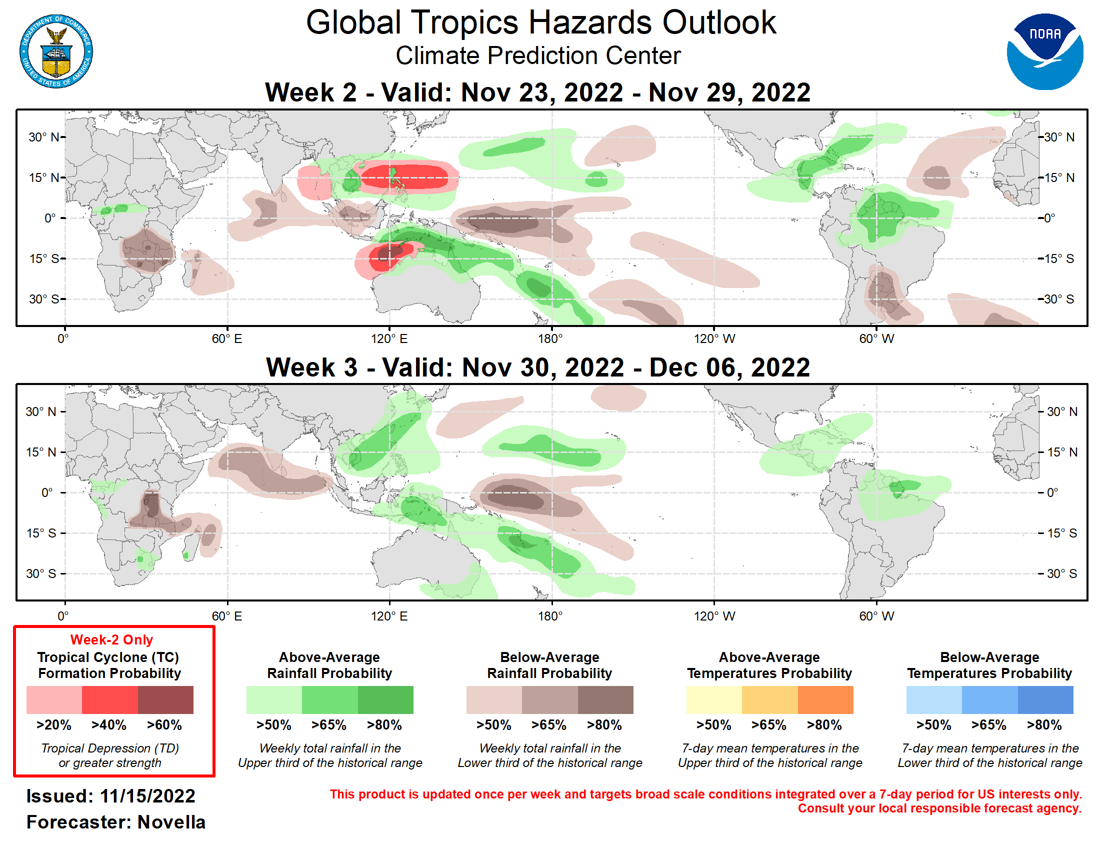 Last Updated - 11/15/22 Valid - 11/23/22 - 12/06/22 ﻿During the past week, the RMM index shows a much weakened MJO signal that has continued to propagate eastward over Africa and the Indian Ocean. This evolution is well reflected in the observed upper-level velocity potential anomaly fields, however a more coherent upper-level pattern has emerged more recently across the global tropics. Consistent with previous guidance, dynamical models remain in good agreement favoring a continued uptick in intraseasonal activity, with a potentially strong MJO event emerging over the Maritime Continent during week-1, and propagating eastward into the western Pacific during week-2. Beyond this time, several extended range ensemble member solutions point to the MJO maintaining an organized structure following the destructive interference with the well established La Nina footprint over the equatorial Pacific. However, the last few runs of the bias-corrected ECMWF remain less supportive of this, instead favoring a weakening MJO signal by week-3 which contributes to some uncertainty in the MJO outlook by the beginning of December.  Regardless, a renewed MJO supports increased chances for tropical cyclone (TC) development mainly across the eastern Hemisphere during the next two weeks, with drier conditions becoming more prevalent over the Indian Ocean by the week-3 timeframe. Although the large-scale environment may become more favorable for TC development in the western Hemisphere later in the outlook period, formation chances are impeded by an increasingly inactive climatology in both the eastern Pacific and Atlantic basins heading into December. It should be noted that the extratropical response associated with West Pacific MJO events during late boreal autumn historically favors the development of anomalously warm conditions across much of the CONUS by week-2. If realized, this would lead to a welcomed moderation of the much below-normal temperatures that are favored for much of the country during week-1.  One TC formed in the global tropics during the past week. TC Yamaneko formed on 11/11 peaked at Tropical Storm intensity to the northeast of Wake Island. This system expired over open waters on 11/14 under the influence of high vertical wind shear and cooler sea surface temperatures with little fanfare.  For week-2, there has been good continuity in probabilistic TC genesis tools showing renewed signals over the eastern Bay of Bengal following the dissipation of a potential tropical disturbance favored in the basin during week-1. However, the GEFS and ECMWF ensembles are somewhat divided on this potential, thereby prompting a 20% chance of TC formation in the region. Over the western Pacific, dynamical models continue to favor the development of anomalous lower-level westerlies and Rossby wave activity extending from the South China Sea to the Mariana Islands. Therefore, a 40% chance of TC development is posted as this region also tends to be climatologically active during phase 6 and 7 MJO events during November. South of the equator, high chances (60%) are posted over the Timor Sea where there is agreement between the GEFS and ECMWF ensembles for an area of deepening low pressure with elevated signals in the probabilistic TC genesis tools. Additionally, models also favor the development of anomalous lower-level easterlies over the higher latitudes of western Australia, which coupled with strong westerlies over the Maritime Continent tied to the strengthening MJO, is likely to provide a cyclonic environment favorable for TC development.  In the western Hemisphere, there are increased signals in the probabilistic tools in regards to potential disturbance over the eastern Pacific during week-1. However, these signals rapidly weaken before the start of week-2, and no corresponding TC shapes are issued. Over the Atlantic, the last several runs of the GFS and GEFS advertise deepening surface low pressure over the southwestern Caribbean though ECMWF guidance and probabilistic tools are much less supportive of formation in the region, precluding any TC shapes in the outlook.  Probabilities for above and below normal precipitation are based on anticipated TC, ongoing La Nina conditions, MJO composites and a historical skill weighted blend of GEFS, ECMWF, CFS and Canadian ensemble forecasts. For hazardous weather concerns in your area during the next two weeks, please refer to your local NWS office, the Medium Range Hazards Forecast from the Weather Predictions Center (WPC), and the CPC Week-2 Hazards Outlook. Forecasts issued over Africa are made in coordination with the International Desk at CPC.