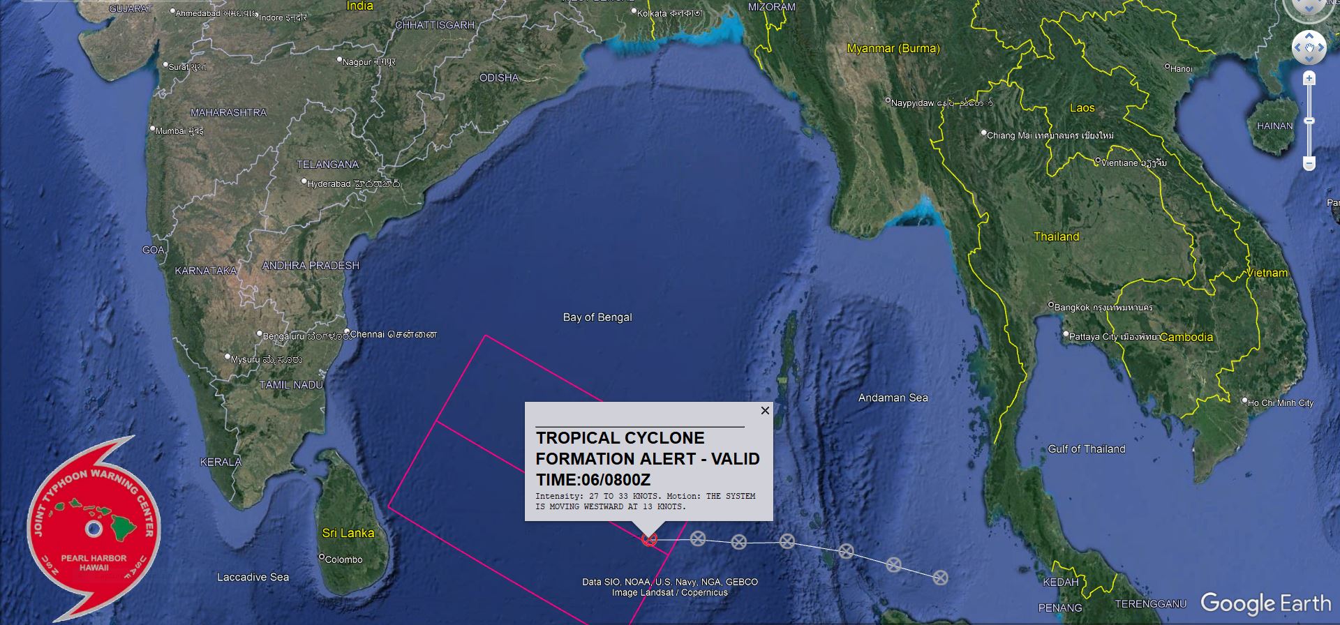 THE AREA OF CONVECTION (INVEST 96B) PREVIOUSLY LOCATED NEAR  7.7N 91.2E IS NOW LOCATED NEAR 7.6N 89.0E, APPROXIMATELY 608 NM EAST- SOUTHEAST OF CHENNAI, INDIA. ANIMATED MULTISPECTRAL SATELLITE IMAGERY  (MSI) DEPICT A CONSOLIDATING LOW LEVEL CIRCULATION CENTER (LLCC) WHICH  IS BEING PARTIALLY OBSCURED BY FLARING CONVECTIVE ACTIVITY, WHICH  BEGINNING TO EXHIBIT FORMATIVE WRAPPING. A 06230Z SCATTEROMETER PASS  REVEALED A WELL-DEFINED CIRCULATION CENTER WITH 25-30 KNOT WINDS  SURROUNDING THE LLCC, AND PROVIDING GOOD CONFIDENCE TO BOTH THE  POSITION AND INTENSITY ESTIMATES. ENVIRONMENTAL ANALYSIS REVEALS  FAVORABLE CONDITIONS FOR FURTHER DEVELOPMENT WITH GOOD POLEWARD AND  WESTWARD DIVERGENT OUTFLOW ALOFT, WARM (29C) SEA SURFACE TEMPERATURES  (SST), AND LOW TO MODERATE (15-20KT) VERTICAL WINDSHEAR (VWS) ON THE  EASTERN SIDE OF THE SYSTEM. GLOBAL MODELS ARE IN GOOD AGREEMENT THAT  96B WILL CONTINUE ON A NORTH-NORTHWESTWARD TRACK TOWARDS THE  SOUTHEASTERN COAST OF INDIA WHILE GRADUALLY INTENSIFYING UP TO TROPICAL  STORM STRENGTH WITHIN THE NEXT 24-36 HOURS. MAXIMUM SUSTAINED SURFACE  WINDS ARE ESTIMATED AT 27 TO 33 KNOTS. MINIMUM SEA LEVEL PRESSURE IS  ESTIMATED TO BE NEAR 1003 MB. THE POTENTIAL FOR THE DEVELOPMENT OF A  SIGNIFICANT TROPICAL CYCLONE WITHIN THE NEXT 24 HOURS IS UPGRADED TO  HIGH.