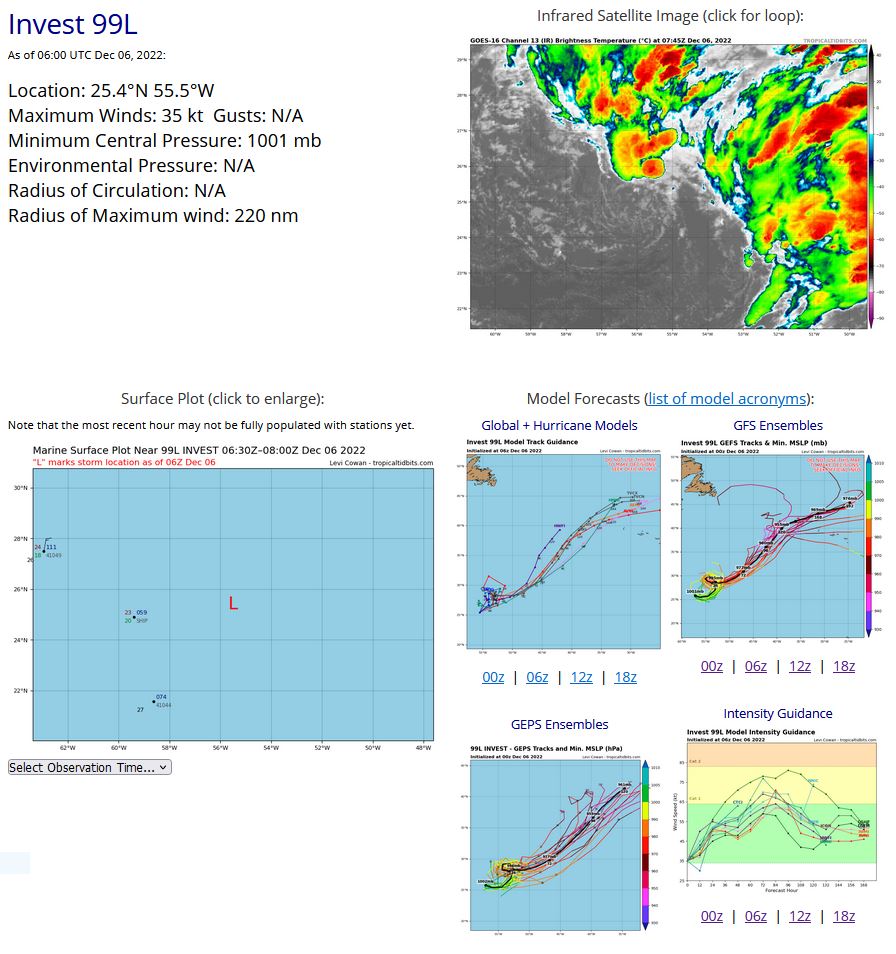 Special Tropical Weather Outlook NWS National Hurricane Center Miami FL 830 PM EST Mon Dec 5 2022  For the North Atlantic...Caribbean Sea and the Gulf of Mexico:  Special Tropical Weather Outlook issued to discuss the potential for  subtropical development this week over the central Atlantic.  1. Central Subtropical Atlantic: A large and complex area of low pressure located over the central  subtropical Atlantic about 800 miles northeast of the northern  Leeward Islands continues to produce a broad area of disorganized  showers and thunderstorms.  Environmental conditions appear  conducive for this system to acquire some subtropical or tropical  characteristics while it meanders generally northeastward during the  next few days.  By Friday, the low is expected to move over cooler  waters and interact with a mid-latitude trough, limiting potential  of tropical transition after that time.  Additional information on  this system, including gale warnings, can be found in High Seas  Forecasts issued by the National Weather Service.  The next Special  Tropical Weather Outlook on this system will be issued by 9 AM EST  Tuesday, or earlier, if necessary. * Formation chance through 48 hours...medium...40 percent. * Formation chance through 5 days...medium...50 percent.  High Seas Forecasts issued by the National Weather Service can be found under AWIPS header NFDHSFAT1, WMO header FZNT01  KWBC, and online at ocean.weather.gov/shtml/NFDHSFAT1.php  Forecaster Papin