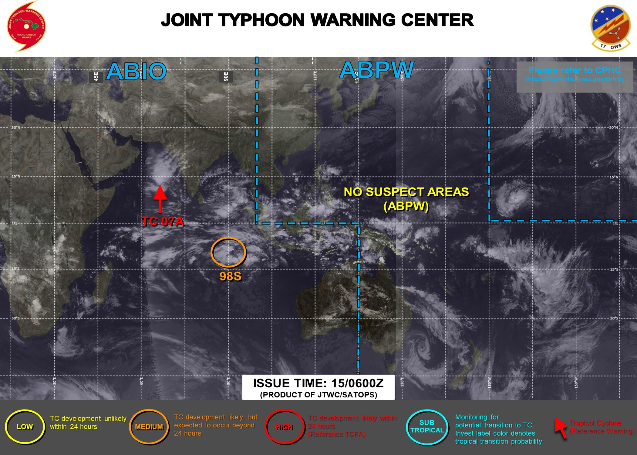 JTWC IS ISSUING 6HOURLY WARNINGS ON TC 07A. 3HOURLY SATELLITE BULLETINS ARE ISSUED ON 07A AND INVEST 98S.