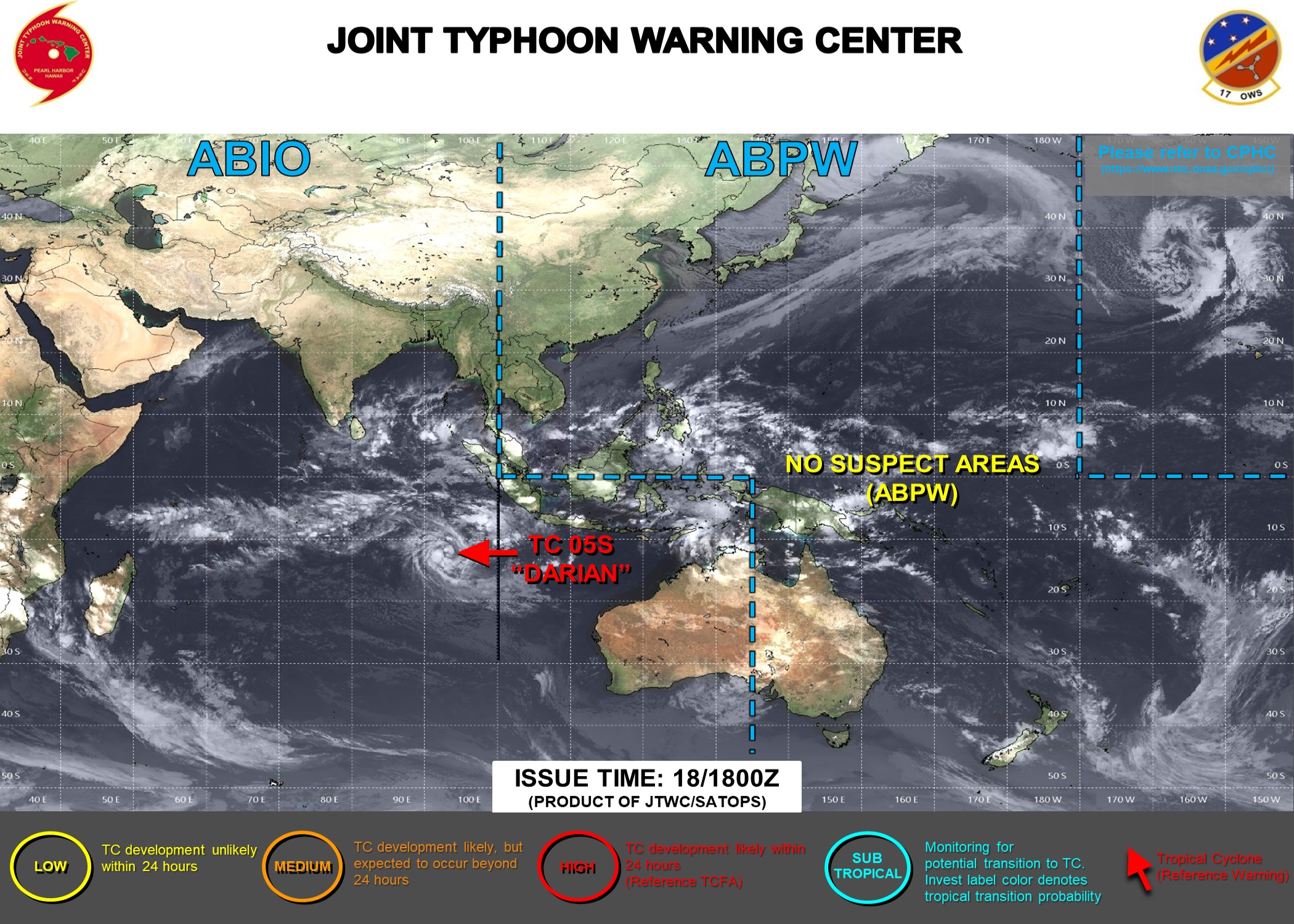 JTWC IS ISSUING 12HOURLY WARNINGS AND 3HOURLY SATELLITE BULLETINS ON TC 05S(DARIAN). 3HOURLY SATELLITE BULLETINS WERE DISCONTINUED ON THE REMNANTS OF TC 07A AT 18/0815UTC.