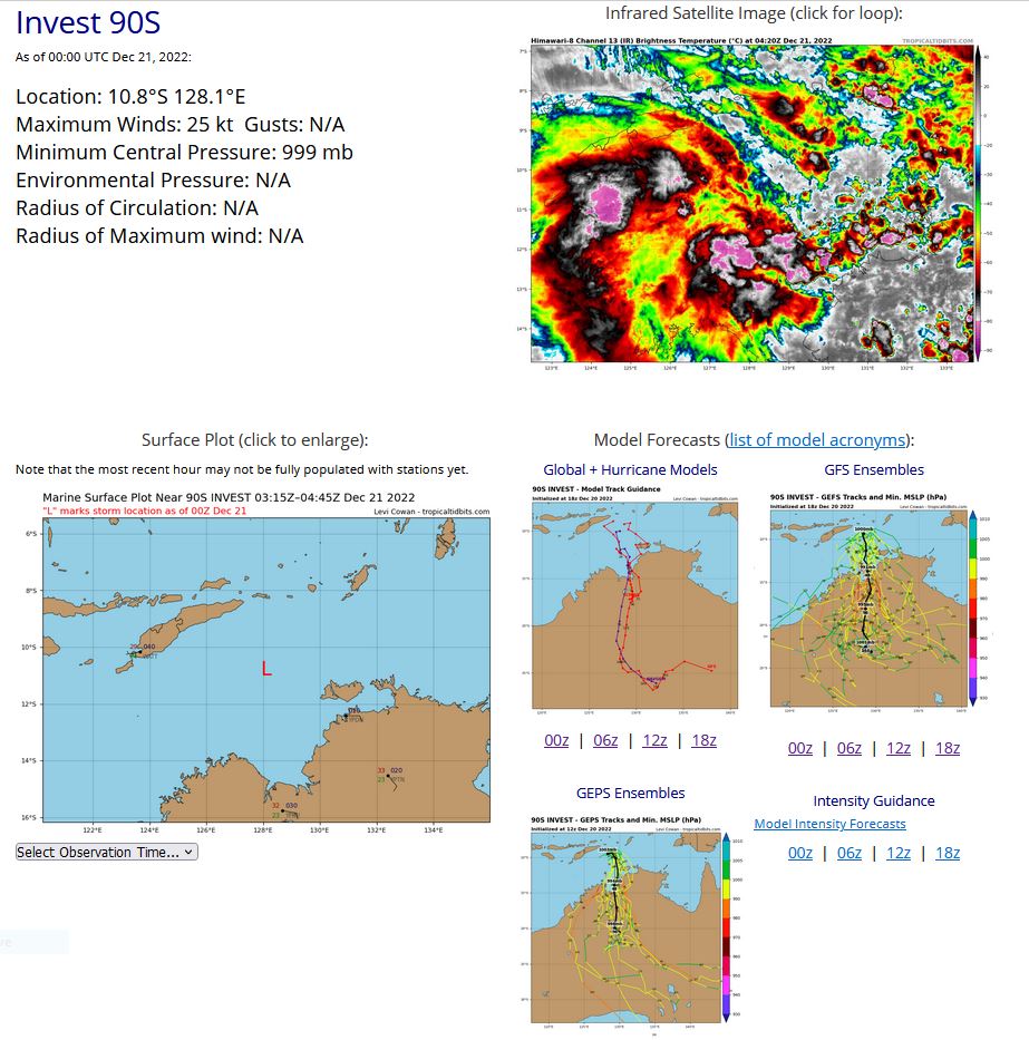 AN AREA OF CONVECTION (INVEST 90S) HAS PERSISTED NEAR 10.8S  128.1E, APPROXIMATELY 193 NM WEST-NORTHWEST OF DARWIN, AUSTRALIA.  ANIMATED EIR DEPICTS AN LLC OBSCURED BY DISORGANIZED FLARING  CONVECTION. ENVIRONMENTAL ANALYSIS INDICATES 90S IS IN A MARGINALLY  FAVORABLE ENVIRONMENT FOR DEVELOPMENT WITH MODERATE TO HIGH (20-30  KNOT) VWS OFFSET BY GOOD DIVERGENCE ALOFT. SSTS ARE VERY WARM (30-31C)  WITH VERY HIGH OHC ABOVE 180 KJ/CM2. GLOBAL MODELS ARE IN GOOD  AGREEMENT THAT 90S WILL CONTINUE TO TRACK SOUTHWARD OVER THE NEXT 24- 48 HOURS AND POSSIBLY INTENSIFY RAPIDLY AS IT TRACKS INTO AN AREA OF  DECREASING VWS BEFORE IT MAKES LANDFALL OVER THE KIMBERLEY COAST.   MAXIMUM SUSTAINED SURFACE WINDS ARE ESTIMATED AT 23 TO 28 KNOTS.  MINIMUM SEA LEVEL PRESSURE IS ESTIMATED TO BE NEAR 999 MB. THE  POTENTIAL FOR THE DEVELOPMENT OF A SIGNIFICANT TROPICAL CYCLONE WITHIN  THE NEXT 24 HOURS IS UPGRADED TO MEDIUM.