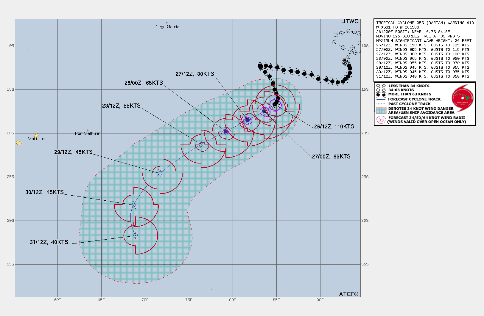 FORECAST REASONING.  SIGNIFICANT FORECAST CHANGES: THERE ARE NO SIGNIFICANT CHANGES TO THE FORECAST FROM THE PREVIOUS WARNING.  FORECAST DISCUSSION: TC 05S WILL ACCELERATE SOUTHWESTWARD IN THE NEAR TO MEDIUM TERM AS THE SUBTROPICAL STEERING RIDGE CONTINUES TO  BUILD TO THE SOUTHEAST. AFTER TAU 72, THE SYSTEM WILL GRADUALLY TURN POLEWARD AS IT REACHES AND ROUNDS THE WESTERN PERIPHERY OF THE STEERING RIDGE AXIS. THE UPPER-LEVEL PATTERN IS EXPECTED TO REMAIN GENERALLY FAVORABLE THROUGH TAU 72, WITH LOW TO MODERATE VERTICAL WIND SHEAR AND SUPPORTIVE OUTFLOW. HOWEVER, THE SYSTEM WILL WEAKEN AS IT TRACKS ACROSS PROGRESSIVELY COOLER WATER. TC 05S IS  EXPECTED TO CROSS THE 26C ISOTHERM WITHIN 24 HOURS. THE WEAKENING  TREND WILL MODERATE IN THE EXTENDED PERIOD AS THE SYSTEM ENCOUNTERS  AN UPPER-LEVEL TROUGH NEAR THE STEERING RIDGE AXIS, WHICH WILL  PROVIDE BAROCLINIC ENERGY AND SUPPORT TRANSITION TO A SUBTROPICAL  CYCLONE.