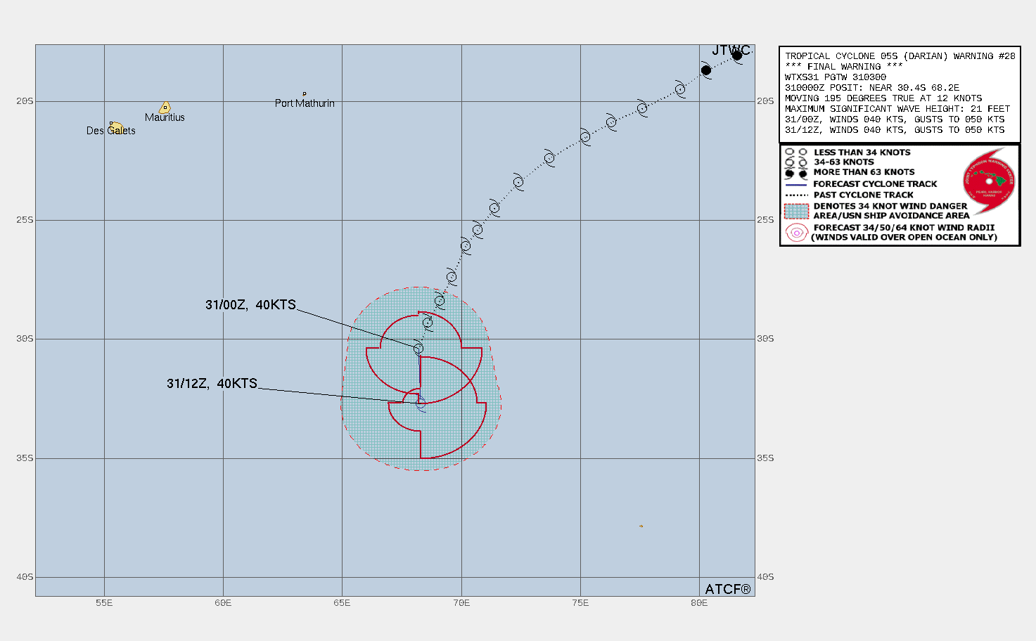 REMARKS: 310300Z POSITION NEAR 31.0S 68.2E. 31DEC22. TROPICAL CYCLONE (TC) 05S (DARIAN), LOCATED APPROXIMATELY 854  NM SOUTHEAST OF PORT LOUIS, MAURITIUS, HAS TRACKED SOUTH-SOUTHWESTWARD  AT 12 KNOTS OVER THE PAST SIX HOURS. ANIMATED MULTISPECTRAL SATELLITE  IMAGERY DEPICTS AN EXPOSED, BROAD LOW-LEVEL CIRCULATION WITH COLD-AIR  STRATOCUMULUS WRAPPING INTO THE CENTER AND ISOLATED DEEP CONVECTION  FLARING TO THE SOUTH-SOUTHEAST. A 310038Z SSMIS 91GHZ MICROWAVE IMAGE  INDICATES SHALLOW BANDING WRAPPING TIGHTLY INTO A RAGGED CENTER WITH  EXTENSIVE DRY AIR PRESENT OVER THE SYSTEM. RECENT WIND SPEED IMAGERY  REVEALS AN ASYMMETRIC WIND FIELD WITH A WEAK FRONTAL STRUCTURE. A  301705Z ASCAT-B IMAGE SHOWED 40-45 KNOT WINDS OVER THE WESTERN  PERIPHERY THUS THE INITIAL INTENSITY IS HELD CONSERVATIVELY AT 40  KNOTS. BASED ON THE AVAILABLE DATA, 05S IS CURRENTLY ASSESSED AS A  SUBTROPICAL CYCLONE BUT IS EXPECTED TO TRANSITION INTO AN EXTRA- TROPICAL CYCLONE OVER THE NEXT 36 TO 48 HOURS AS IT ACCELERATES INTO  THE MIDLATITUDE WESTERLIES. THIS IS THE FINAL WARNING ON THIS SYSTEM  BY THE JOINT TYPHOON WRNCEN PEARL HARBOR HI. THE SYSTEM WILL BE  CLOSELY MONITORED FOR SIGNS OF REGENERATION. MAXIMUM SIGNIFICANT WAVE  HEIGHT AT 310000Z IS 21 FEET.