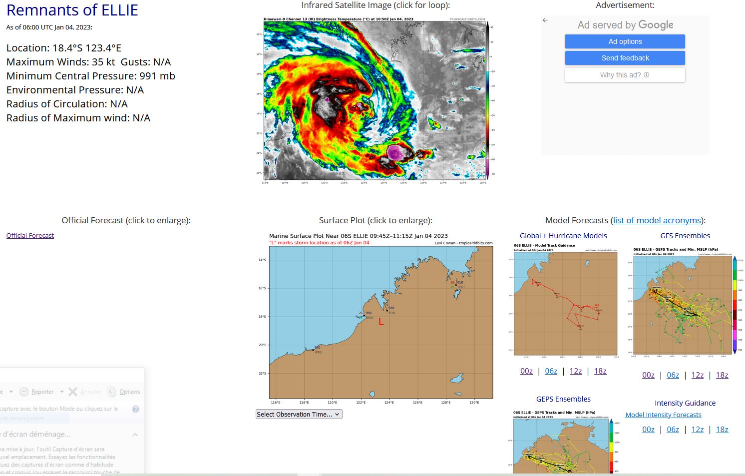 THE AREA OF CONVECTION (REMNANTS 06S) PREVIOUSLY LOCATED NEAR  18.6S 123.0E IS NOW LOCATED NEAR 18.1S 123.3E, APPROXIMATELY 62 NM EAST  OF BROOME, AUSTRALIA. ANIMATED MULTISPECTRAL SATELLITE IMAGERY (MSI) AND  A 032200Z SSMIS 91GHZ PASS DEPICT LOW-LEVEL CLOUD LINES WRAPPING TIGHTLY  INTO A PARTIALLY EXPOSED, WELL-DEFINED LOW-LEVEL CIRCULATION CENTER WITH  PERSISTENT DEEP CONVECTIVE BANDING OVER THE WESTERN PERIPHERY. GLOBAL  MODELS NOW AGREE THAT 06S WILL REMAIN ON AN EAST-SOUTHEAST TRAJECTORY  TOWARDS THE NORTHERN TERRITORY WHERE IT WILL EVENTUALLY DISSIPATE OVER  LAND BEYOND TAU 60. MAXIMUM SUSTAINED SURFACE WINDS ARE ESTIMATED AT 33  TO 37 KNOTS. MINIMUM SEA LEVEL PRESSURE IS ESTIMATED TO BE NEAR 990 MB.  THE POTENTIAL FOR THE DEVELOPMENT OF A SIGNIFICANT TROPICAL CYCLONE  WITHIN THE NEXT 24 HOURS IS DOWNGRADED TO LOW.