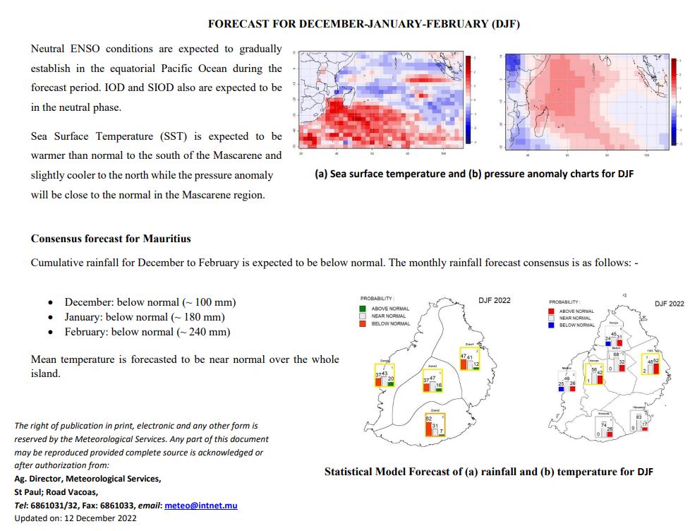 MMS/Vacoas: dry to very dry December 2022 for MAURITIUS and RODRIGUES & the outer islands//Forecast for JAN & FEB 2023 MMS/Vacoas: dry to very dry December 2022 for MAURITIUS and RODRIGUES & the outer islands//Forecast for JAN & FEB 2023