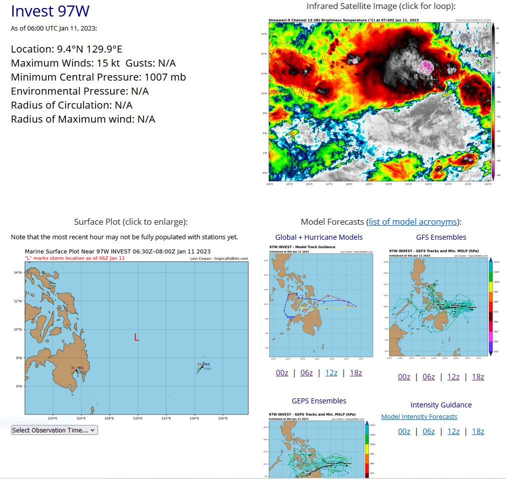 THE AREA OF CONVECTION (INVEST 97W) PREVIOUSLY LOCATED NEAR  6.4N 132.5E IS NOW LOCATED NEAR 9.2N 131.0E, APPROXIMATELY 488 NM EAST- SOUTHEAST OF LEGAZPI, PHILIPPINES. ENHANCED INFRARED SATELLITE IMAGERY  DEPICTS A POORLY ORGANIZED, BROAD MONSOON DEPRESSION LIKE SYSTEM WITH 15- 20 KNOT WINDS AND FRAGMENTED CONVECTIVE BANDING AROUND THE PERIPHERY OF  THE LOW-LEVEL CIRCULATION AND A CORE OF WEAK WINDS. LINEAR BANDING  ASSOCIATED WITH CONVERGENT LOW-LEVEL WESTERLIES ALONG THE SOUTHERN  QUADRANT. ENVIRONMENTAL ANALYSIS REVEALS MARGINALLY FAVORABLE CONDITIONS  FOR DEVELOPMENT WITH ROBUST OUTFLOW ALOFT, MODERATE TO UNFAVORABLE (20  -25 KTS) VWS, AND WARM 28-29C SST. GLOBAL MODELS GENERALLY AGREE ON THE  SLOW DEVELOPMENT OF A MONSOON DEPRESSION THAT REMAINS QUASI-STATIONARY  OVER THE NEXT 24-48 HOURS. MAXIMUM SUSTAINED SURFACE WINDS ARE ESTIMATED  AT 15 TO 20 KNOTS. MINIMUM SEA LEVEL PRESSURE IS ESTIMATED TO BE NEAR  1007 MB. THE POTENTIAL FOR THE DEVELOPMENT OF A SIGNIFICANT TROPICAL  CYCLONE WITHIN THE NEXT 24 HOURS REMAINS LOW.