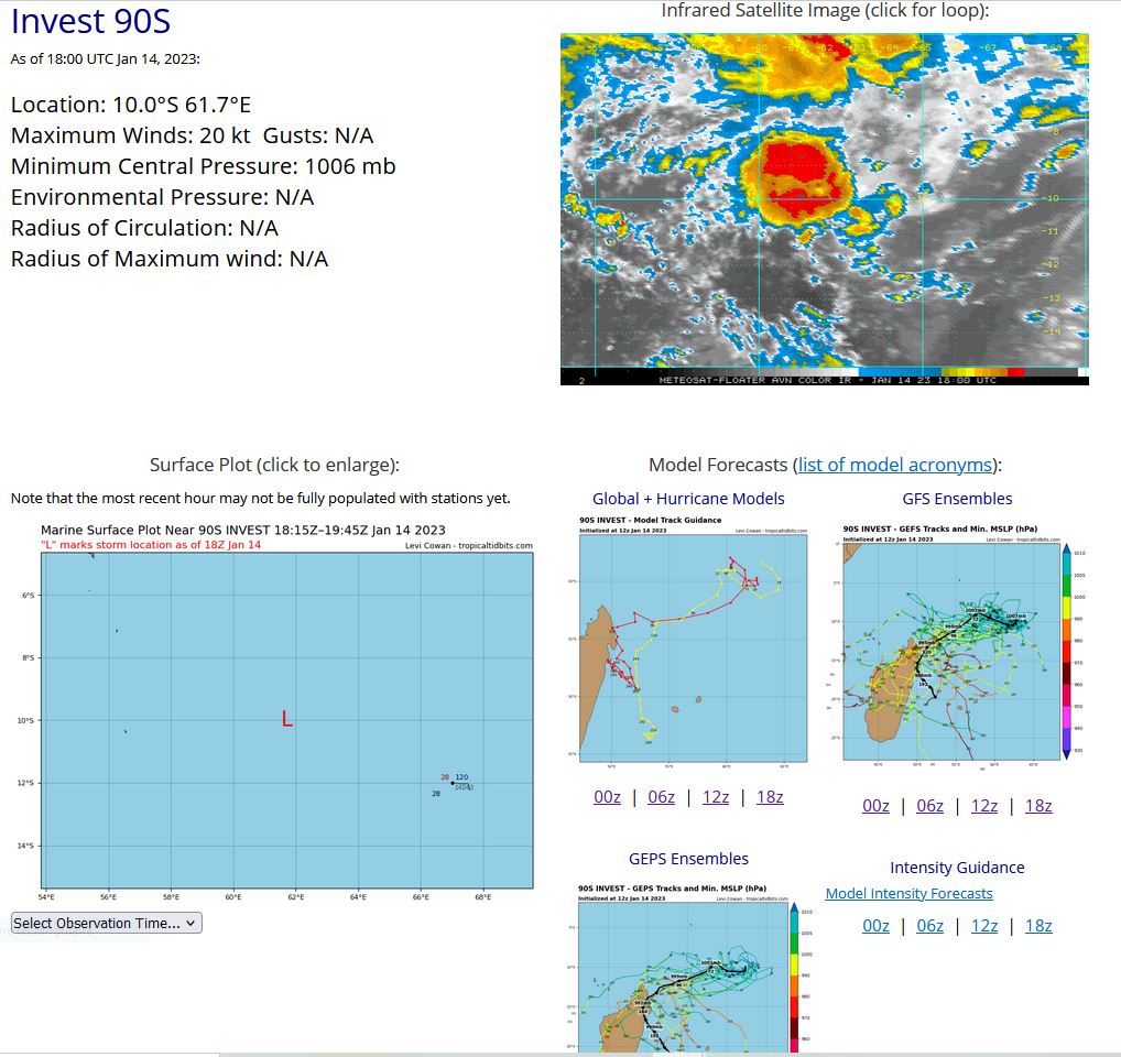 AN AREA OF CONVECTION (INVEST 90S) HAS PERSISTED NEAR 10.0S  61.7E, APPROXIMATELY 662 NM NORTH-NORTHEAST OF MAURITIUS. ENHANCED  INFRARED SATELLITE IMAGERY DEPICTS AN ELONGATED LOW-LEVEL CIRCULATION  (LLC) PARTIALLY OBSCURED BY WEAK DISORGANIZED CONVECTION OVERHEAD. A  141700Z ASCAT-B PARTIAL PASS REVEALS A DEFINED BUT ELONGATED  CIRCULATION WITH 15-20 KNOT WINDS IN THE EASTERN AND SOUTHERN  PERIPHERIES OF THE LLC. 90S HAS LIMITED OUTFLOW ALOFT BUT LOW (10- 15KT) VWS AND WARM (28-29C) SST ARE CONDUCIVE. GLOBAL MODELS ARE IN  GOOD AGREEMENT THAT INVEST 90S WILL BE SLOW TO DEVELOP AS IT MEANDERS  WESTWARD OVER THE NEXT 24-48 HOURS. MAXIMUM SUSTAINED SURFACE WINDS  ARE ESTIMATED AT 15 TO 20 KNOTS. MINIMUM SEA LEVEL PRESSURE IS  ESTIMATED TO BE NEAR 1006 MB. THE POTENTIAL FOR THE DEVELOPMENT OF A  SIGNIFICANT TROPICAL CYCLONE WITHIN THE NEXT 24 HOURS IS LOW. AN AREA OF CONVECTION (INVEST 90S) HAS PERSISTED NEAR 10.0S  61.7E, APPROXIMATELY 662 NM NORTH-NORTHEAST OF MAURITIUS. ENHANCED  INFRARED SATELLITE IMAGERY DEPICTS AN ELONGATED LOW-LEVEL CIRCULATION  (LLC) PARTIALLY OBSCURED BY WEAK DISORGANIZED CONVECTION OVERHEAD. A  141700Z ASCAT-B PARTIAL PASS REVEALS A DEFINED BUT ELONGATED  CIRCULATION WITH 15-20 KNOT WINDS IN THE EASTERN AND SOUTHERN  PERIPHERIES OF THE LLC. 90S HAS LIMITED OUTFLOW ALOFT BUT LOW (10- 15KT) VWS AND WARM (28-29C) SST ARE CONDUCIVE. GLOBAL MODELS ARE IN  GOOD AGREEMENT THAT INVEST 90S WILL BE SLOW TO DEVELOP AS IT MEANDERS  WESTWARD OVER THE NEXT 24-48 HOURS. MAXIMUM SUSTAINED SURFACE WINDS  ARE ESTIMATED AT 15 TO 20 KNOTS. MINIMUM SEA LEVEL PRESSURE IS  ESTIMATED TO BE NEAR 1006 MB. THE POTENTIAL FOR THE DEVELOPMENT OF A  SIGNIFICANT TROPICAL CYCLONE WITHIN THE NEXT 24 HOURS IS LOW.