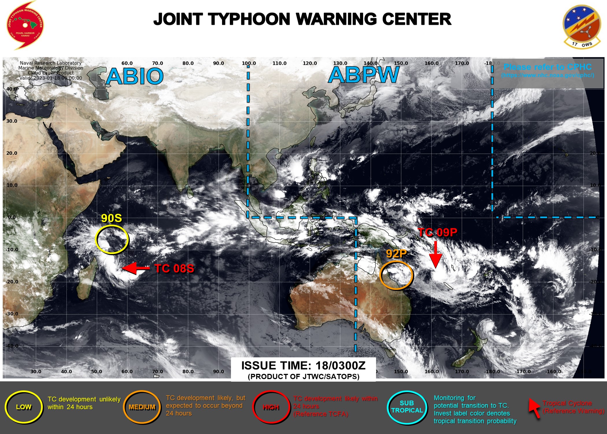 JTWC IS ISSUING 6HOURLY WARNINGS ON TC 09P AND 12HOURLY WARNINGS ON TC 08S. 3HOURLY SATELLITE BULLETINS ARE ISSUED ON BOTH SYSTEMS.