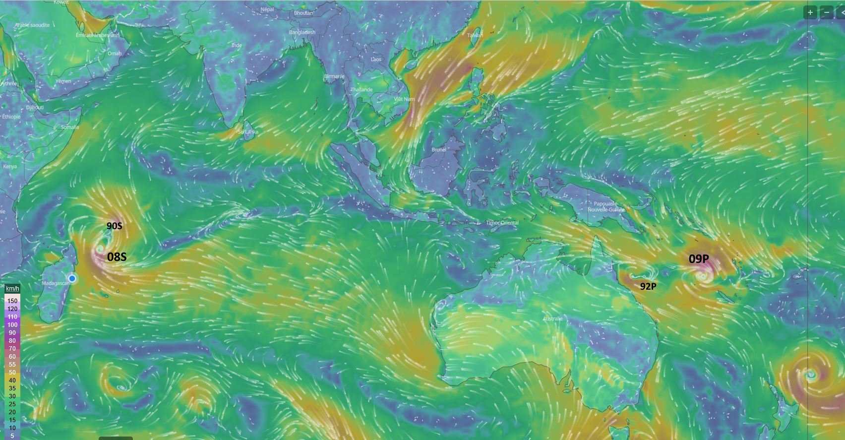 TC 08S intensifying,rapidly moving towards MADA//TC 09P intensifying// Invest 90S//Invest 92P//3 week GTHO maps// 1803utc