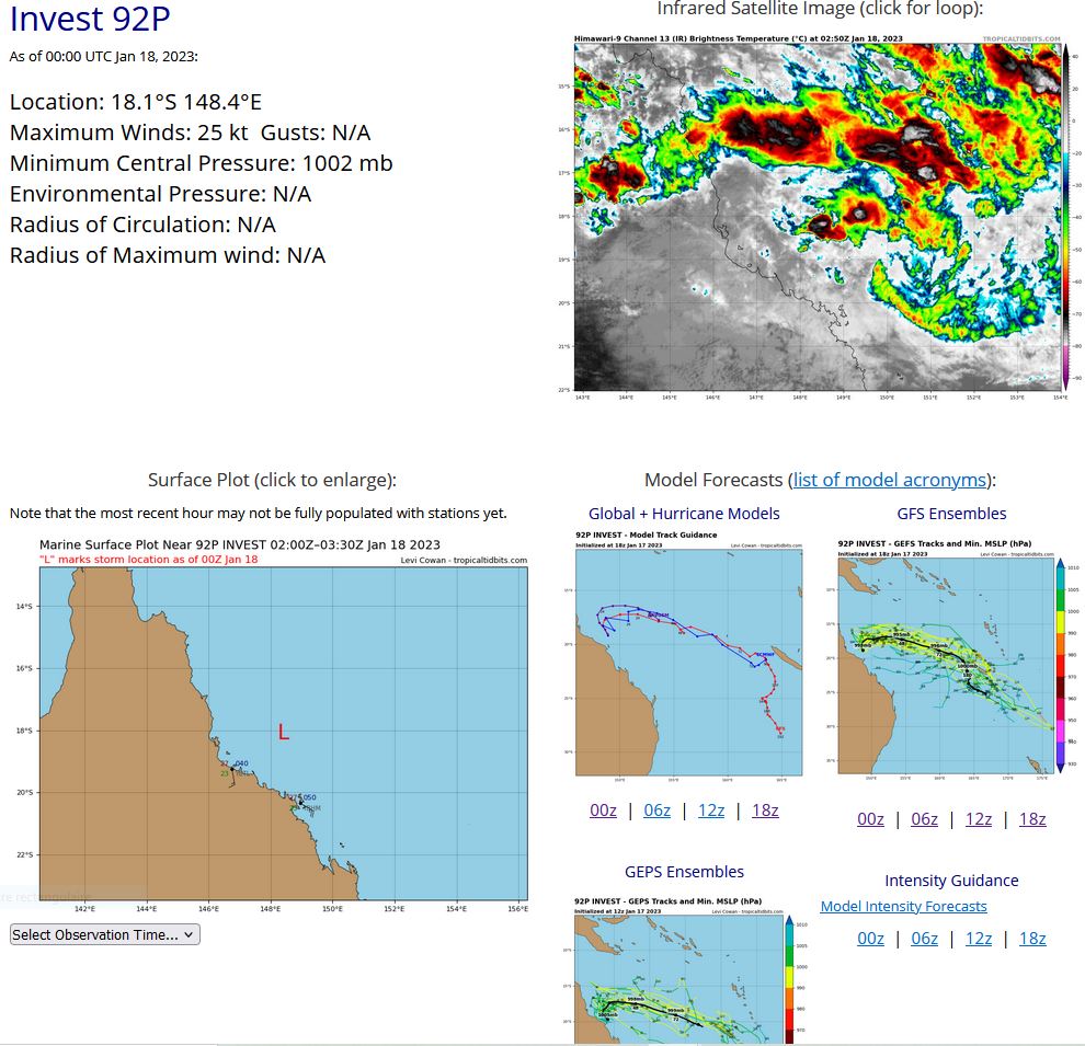 AN AREA OF CONVECTION (INVEST 92P) HAS PERSISTED NEAR 18.6S  148.8E, APPROXIMATELY 202 NM EAST-SOUTHEAST OF CAIRNS, AUSTRALIA. ANIMATED  MULTI-SPECTRAL IMAGERY AND A 172032Z SSMIS 37GHZ MICROWAVE PASS SHOW DEEP  FLARING CONVECTION IN THE SOUTHEAST QUADRANT WRAPPING INTO A PARTIALLY  EXPOSED AND GRADUALLY CONSOLIDATING LLCC. A 172340Z METOP-B ASCAT PASS  DEPICTS A 25-30KT WIND FIELD WITHIN THE SOUTHERN SEMI-CIRCLE REVEALING A  DEFINED CLOSED CIRCULATION. ENVIRONMENTAL ANALYSIS REVEALS FAVORABLE  CONDITIONS FOR DEVELOPMENT AS INDICATED BY WEAK (15-20KT) VWS, WARM (28- 29C) SEA SURFACE TEMPERATURES, AND GOOD POLEWARD AND EQUATORWARD OUTFLOW.  GLOBAL MODELS ARE IN AGREEMENT THAT THE 92P WILL BRIEFLY TRACK  NORTHEASTWARD BEFORE RECURVING EAST-SOUTHEASTWARD AND CONTINUE  INTENSIFYING. MAXIMUM SUSTAINED SURFACE WINDS ARE ESTIMATED AT 27 TO 30  KNOTS. MINIMUM SEA LEVEL PRESSURE IS ESTIMATED TO BE NEAR 1002 MB. THE  POTENTIAL FOR THE DEVELOPMENT OF A SIGNIFICANT TROPICAL CYCLONE WITHIN THE  NEXT 24 HOURS IS MEDIUM.