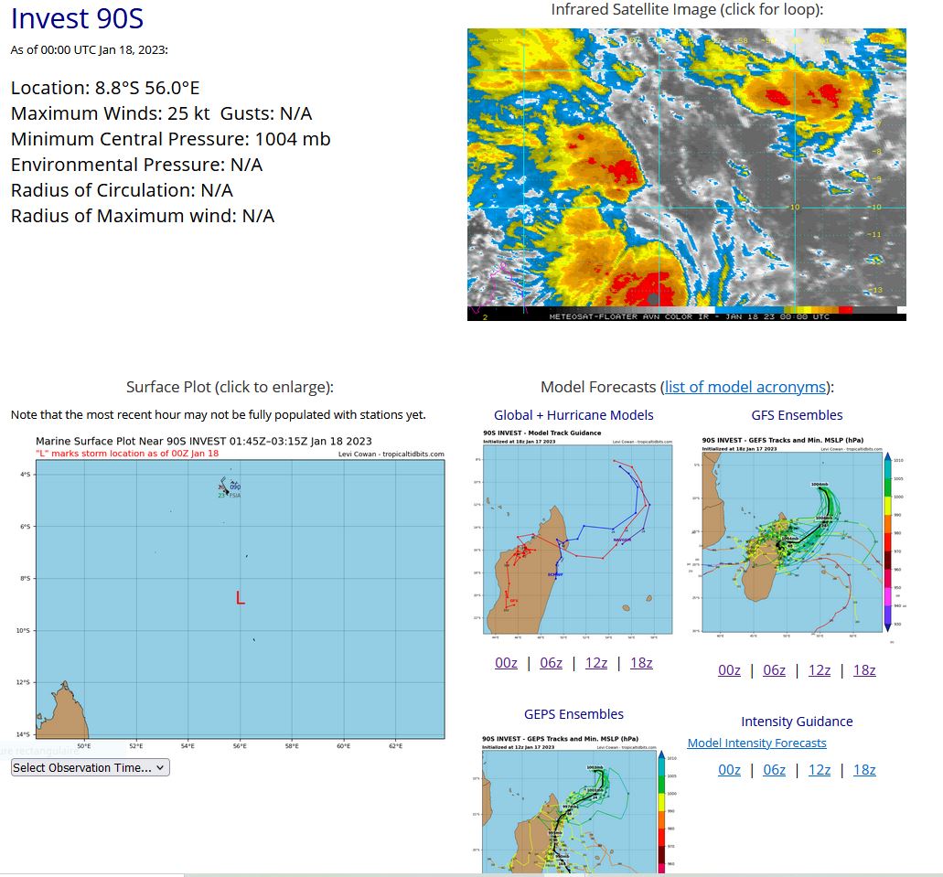 THE AREA OF CONVECTION (INVEST 90S) PREVIOUSLY LOCATED NEAR  8.7S 54.6E IS NOW LOCATED NEAR 8.5S 54.8E, APPROXIMATELY 727 NM NORTH- NORTHWEST OF MAURITIUS. ANIMATED MULTI-SPECTRAL IMAGERY AND A 171428Z  SSMIS 37GHZ MICROWAVE PASS DEPICT DEEP FLARING CONVECTION ON THE  WESTERN SEMICIRCLE WRAPPING INTO A PARTIALLY OBSCURED LLCC.  A RECENT  SCATTEROMETRY PASS SHOWS 25-30KT WINDS ON THE WESTERN FLANK.  ENVIRONMENTAL ANALYSIS REVEALS UNFAVORABLE CONDITIONS FOR FURTHER  INTENSIFICATION DUE TO STRONG (30-40KT) VWS, OFFSET BY WARM (29-30C)  SEA SURFACE TEMPERATURES, AND GOOD POLEWARD AND EQUATORWARD OUTFLOW.  GLOBAL MODELS ARE IN AGREEMENT THAT TC08S WILL RETROGRADE TO THE EAST  AS IT INTERACTS WITH TROPICAL CYCLONE 08S OVER THE NEXT FEW DAYS.  MAXIMUM SUSTAINED SURFACE WINDS ARE ESTIMATED AT 23 TO 25 KNOTS.  MINIMUM SEA LEVEL PRESSURE IS ESTIMATED TO BE NEAR 1008 MB. THE  POTENTIAL FOR THE DEVELOPMENT OF A SIGNIFICANT TROPICAL CYCLONE WITHIN  THE NEXT 24 HOURS REMAINS LOW. MAXIMUM SUSTAINED SURFACE WINDS ARE  ESTIMATED AT 23 TO 25 KNOTS. MINIMUM SEA LEVEL PRESSURE IS ESTIMATED TO  BE NEAR 1008 MB. THE POTENTIAL FOR THE DEVELOPMENT OF A SIGNIFICANT  TROPICAL CYCLONE WITHIN THE NEXT 24 HOURS REMAINS LOW.