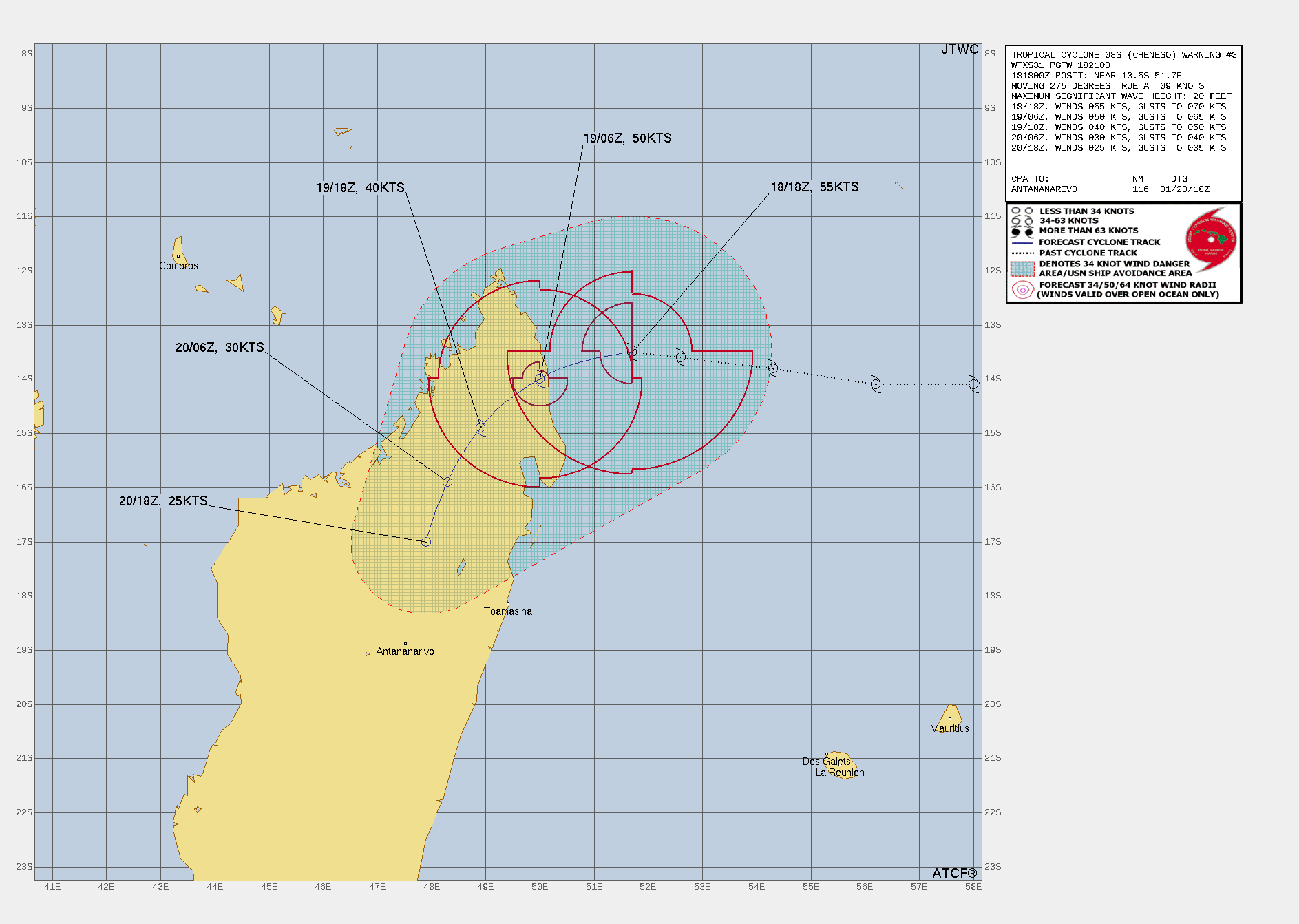 FORECAST REASONING.  SIGNIFICANT FORECAST CHANGES: THERE ARE NO SIGNIFICANT CHANGES TO THE FORECAST FROM THE PREVIOUS WARNING.  FORECAST DISCUSSION: TROPICAL CYCLONE (TC) 08S IS TRACKING ALONG THE NORTHERN PERIPHERY OF THE STR AND IS FORECAST TO MAKE LANDFALL OVER NORTHEASTERN MADAGASCAR WITHIN THE NEXT 12 HOURS. DUE TO FAVORABLE CONDITIONS, TC 08S WILL CONTINUE TO INTENSIFY PRIOR TO LANDFALL TO A PEAK OF 60-65 KNOTS. THE STR IS EXPECTED TO REALIGN TO THE EAST WHICH WILL TURN THE SYSTEM SOUTH-SOUTHWESTWARD AS IT TRACKS OVER THE MOUNTAINOUS TERRAIN OF MADAGASCAR. CONSEQUENTLY, THE SYSTEM WILL WEAKEN RAPIDLY AND DISSIPATE BY TAU 36. AFTER TAU 36, THE SYSTEM WILL STALL OVER MADAGASCAR DUE TO COMPETING STEERING INFLUENCES AND WILL CONTINUE TO WEAKEN RAPIDLY. FORECAST REASONING.  SIGNIFICANT FORECAST CHANGES: THERE ARE NO SIGNIFICANT CHANGES TO THE FORECAST FROM THE PREVIOUS WARNING.  FORECAST DISCUSSION: TROPICAL CYCLONE (TC) 08S IS TRACKING ALONG THE NORTHERN PERIPHERY OF THE STR AND IS FORECAST TO MAKE LANDFALL OVER NORTHEASTERN MADAGASCAR WITHIN THE NEXT 12 HOURS. DUE TO FAVORABLE CONDITIONS, TC 08S WILL CONTINUE TO INTENSIFY PRIOR TO LANDFALL TO A PEAK OF 60-65 KNOTS. THE STR IS EXPECTED TO REALIGN TO THE EAST WHICH WILL TURN THE SYSTEM SOUTH-SOUTHWESTWARD AS IT TRACKS OVER THE MOUNTAINOUS TERRAIN OF MADAGASCAR. CONSEQUENTLY, THE SYSTEM WILL WEAKEN RAPIDLY AND DISSIPATE BY TAU 36. AFTER TAU 36, THE SYSTEM WILL STALL OVER MADAGASCAR DUE TO COMPETING STEERING INFLUENCES AND WILL CONTINUE TO WEAKEN RAPIDLY.