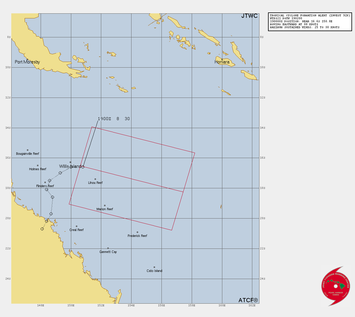 THE AREA OF CONVECTION (INVEST 92P) PREVIOUSLY LOCATED NEAR  18.1S 48.4E IS NOW LOCATED NEAR 16.6S 150.8E, APPROXIMATELY 50 NM  EAST-SOUTHEAST OF WILLIS ISLAND. ANIMATED MULTISPECTRAL SATELLITE  IMAGERY DEPICTS A PARTIALLY EXPOSED, ELONGATED AND DEFINED LOW LEVEL  CIRCULATION CENTER (LLCC) WITH DISORGANIZED FLARING CONVECTION SHEARED  TO THE EAST. ANIMATED RADAR IMAGERY DEPICTS LOW LEVEL RAIN BANDS  WRAPPING INTO A DEFINED CENTER JUST EAST OF WILLIS ISLAND. RECENT  OBSERVATIONS FROM WILLIS ISLAND REPORT WINDS AT 25-30 KNOTS AND  PRESSURE AS LOW AS 996MB WITH 999MB BEING THE AVERAGE. ENVIRONMENTAL  ANALYSIS REVEALS FAVORABLE CONDITIONS FOR DEVELOPMENT WITH MODERATE  EQUATORWARD OUTFLOW AND WEAK POLEWARD OUTFLOW ALOFT, LOW (10-15KT)  VWS, AND WARM (28-29C) SST. GLOBAL MODELS ARE IN AGREEMENT THAT 92P  WILL DEVELOP GALE-FORCE WINDS ALONG THE SOUTHERN QUADRANT AS IT TRACKS  EAST-SOUTHEASTWARD OVER THE NEXT 24-48 HOURS. MAXIMUM SUSTAINED  SURFACE WINDS ARE ESTIMATED AT 25 TO 30 KNOTS. MINIMUM SEA LEVEL  PRESSURE IS ESTIMATED TO BE NEAR 998 MB. THE POTENTIAL FOR THE  DEVELOPMENT OF A SIGNIFICANT TROPICAL CYCLONE WITHIN THE NEXT 24 HOURS  IS UPGRADED TO HIGH. THE AREA OF CONVECTION (INVEST 92P) PREVIOUSLY LOCATED NEAR  18.1S 48.4E IS NOW LOCATED NEAR 16.6S 150.8E, APPROXIMATELY 50 NM  EAST-SOUTHEAST OF WILLIS ISLAND. ANIMATED MULTISPECTRAL SATELLITE  IMAGERY DEPICTS A PARTIALLY EXPOSED, ELONGATED AND DEFINED LOW LEVEL  CIRCULATION CENTER (LLCC) WITH DISORGANIZED FLARING CONVECTION SHEARED  TO THE EAST. ANIMATED RADAR IMAGERY DEPICTS LOW LEVEL RAIN BANDS  WRAPPING INTO A DEFINED CENTER JUST EAST OF WILLIS ISLAND. RECENT  OBSERVATIONS FROM WILLIS ISLAND REPORT WINDS AT 25-30 KNOTS AND  PRESSURE AS LOW AS 996MB WITH 999MB BEING THE AVERAGE. ENVIRONMENTAL  ANALYSIS REVEALS FAVORABLE CONDITIONS FOR DEVELOPMENT WITH MODERATE  EQUATORWARD OUTFLOW AND WEAK POLEWARD OUTFLOW ALOFT, LOW (10-15KT)  VWS, AND WARM (28-29C) SST. GLOBAL MODELS ARE IN AGREEMENT THAT 92P  WILL DEVELOP GALE-FORCE WINDS ALONG THE SOUTHERN QUADRANT AS IT TRACKS  EAST-SOUTHEASTWARD OVER THE NEXT 24-48 HOURS. MAXIMUM SUSTAINED  SURFACE WINDS ARE ESTIMATED AT 25 TO 30 KNOTS. MINIMUM SEA LEVEL  PRESSURE IS ESTIMATED TO BE NEAR 998 MB. THE POTENTIAL FOR THE  DEVELOPMENT OF A SIGNIFICANT TROPICAL CYCLONE WITHIN THE NEXT 24 HOURS  IS UPGRADED TO HIGH.