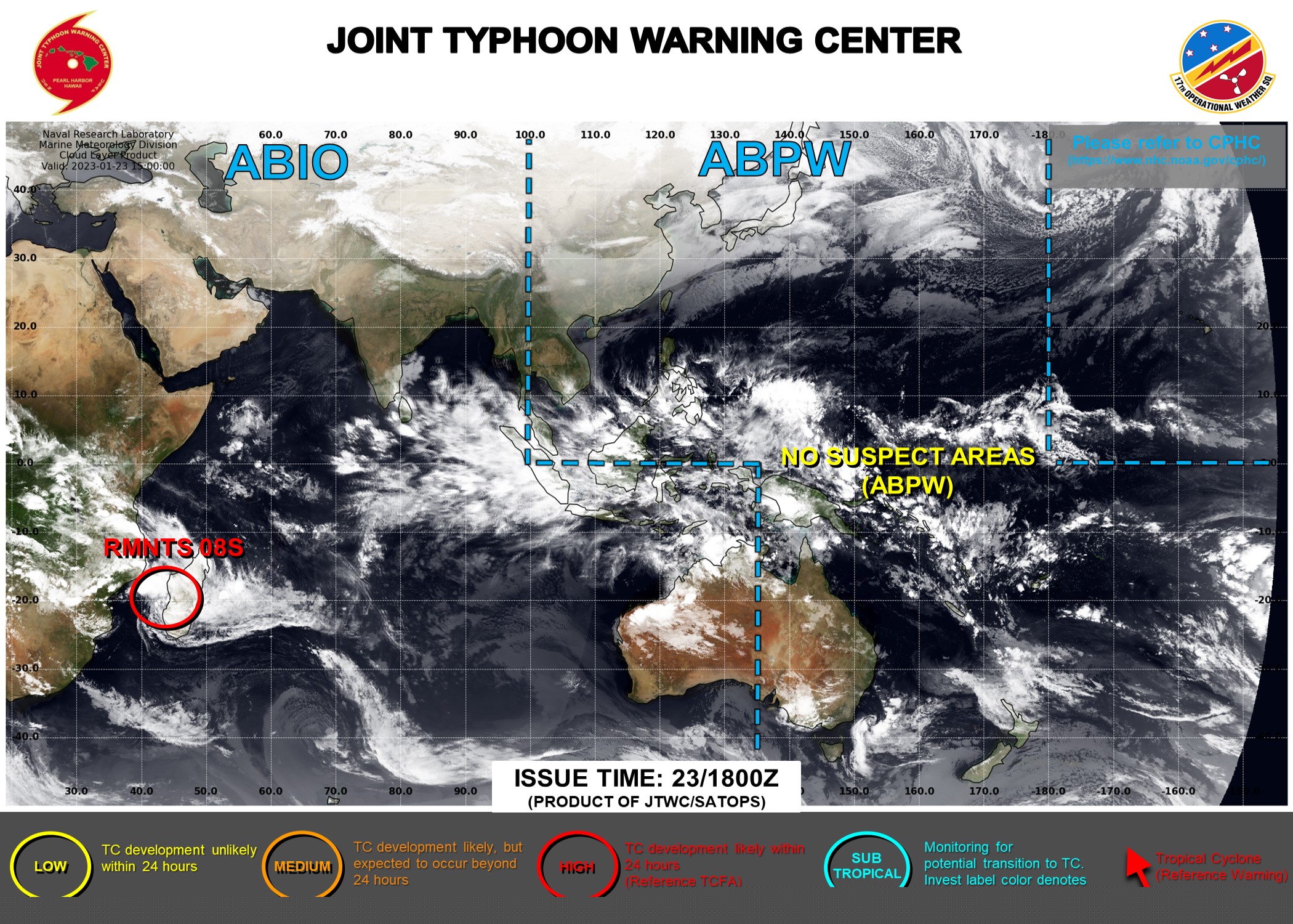 JTWC IS ISSUING 3HOURLY SATELLITE BULLETINS ON THE REMNANTS OF TC 08S(CHENESO). THEY WERE STOPPED AT 23/0545UTC ON THE REMNANTS OF TC 10P.