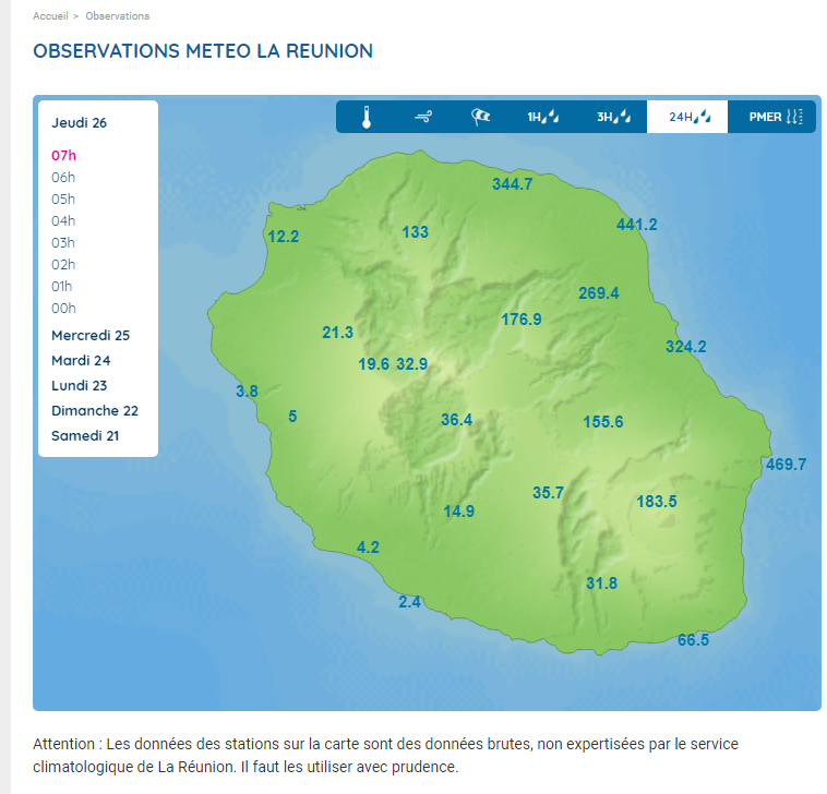 Cumuls en 24heures observés à 7h locale le 26/01/23. Météo France Réunion.