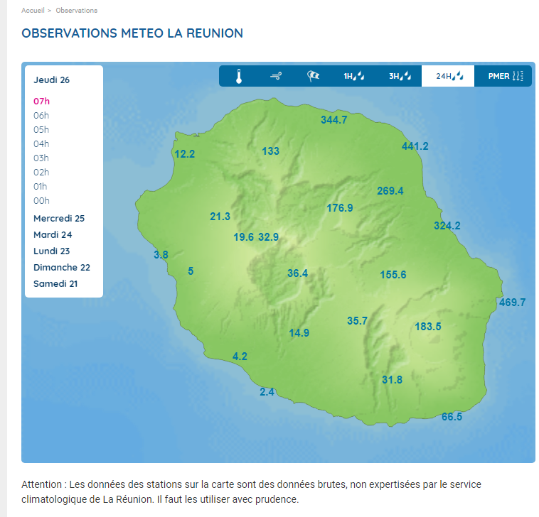Cumuls en 24heures observés à 7h locale le 26/01/23. Météo France Réunion. Cumuls en 24heures observés à 7h locale le 26/01/23. Météo France Réunion.