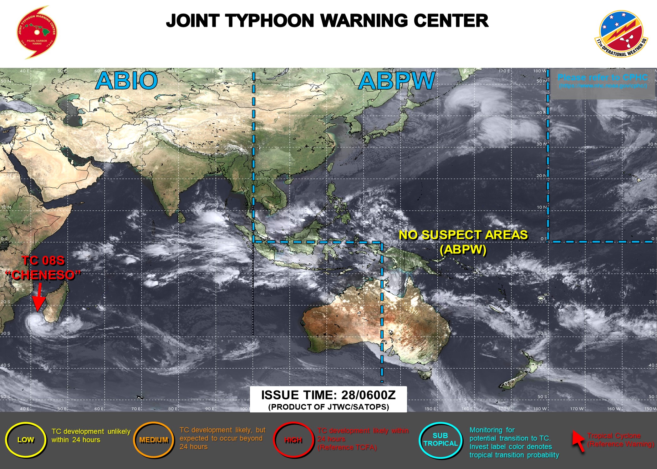 JTWC IS ISSUING 12HOURLY WARNINGS AND 3HOURLY SATELLITE BULLETINS ON TC 08S(CHENESO). 3HOURLY SATELLITE BULLETINS ARE NOW ISSUED ON INVEST 90B.