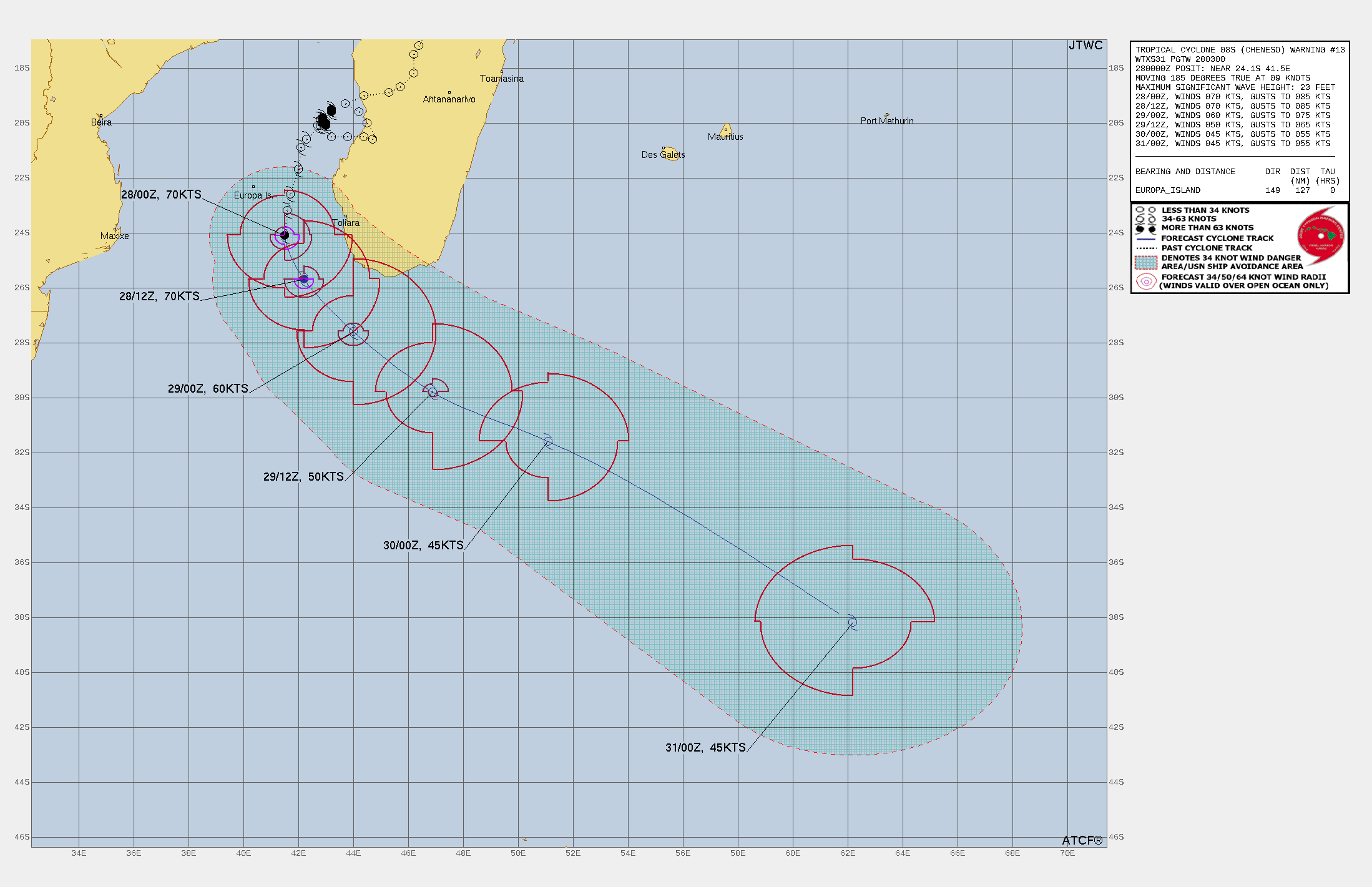 FORECAST REASONING.  SIGNIFICANT FORECAST CHANGES: THERE ARE NO SIGNIFICANT CHANGES TO THE FORECAST FROM THE PREVIOUS WARNING.  FORECAST DISCUSSION: TC 08S IS FORECAST TO TRACK SOUTH-SOUTHEASTWARD IN RESPONSE TO A NER TO THE NORTHEAST AND A STR TO THE SOUTH, WHICH IS SHIFTING TO THE EAST AHEAD OF A STRONG MID-LATITUDE LONGWAVE TROUGH MOVING IN FROM THE WEST. OVER THE NEXT 24 HOURS THE SYSTEM IS EXPECTED TO QUICKLY TURN AND TRACK TOWARD THE SOUTHEAST AS IT PASSES THE SOUTHERN TIP OF MADAGASCAR. BY TAU 36, THE SYSTEM ROUNDS THE RIDGE AXIS AND WILL BEGIN TO ACCELERATE POLEWARD BETWEEN THE DEEP RIDGE TO THE EAST AND THE STRONG MID-LATITUDE LONGWAVE TROUGH APPROACHING FROM THE WEST. THE JTWC INTENSITY FORECAST SHOWS A GRADUAL DECAY AS TC 08S INTERACTS WITH THE STRONG MID-LATITUDE LONGWAVE TROUGH WHICH WILL INDUCE HIGH NORTHWESTERLY WIND SHEAR IN ADDITION TO COLDER WATERS. BY TAU 48, THE SYSTEM WILL BEGIN EXTRATROPICAL TRANSITION, COMPLETING BY TAU 72. THE SYSTEM'S MAXIMUM WINDS WILL REMAIN AT 45 KNOTS WITH AN  EXPANDING WIND FIELD DURING THE EXTRATROPICAL TRANSITION PHASE DUE TO  FAVORABLE BAROCLINIC INTERACTION WITH THE LONGWAVE TROUGH.