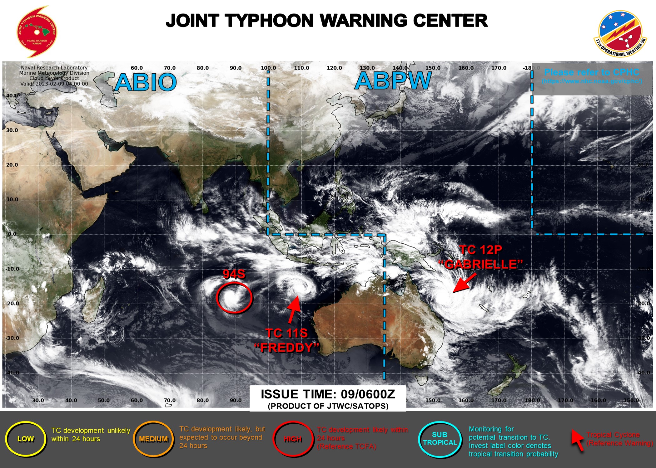 JTWC IS ISSUING 6HOURLY WARNINGS ON TC 11S(FREDDY) AND TC 12P(GABRIELLE). 3HOURLY SATELLITE BULLETINS ARE ISSUED ON TC 11S, TC 12P AND INVEST 94S.