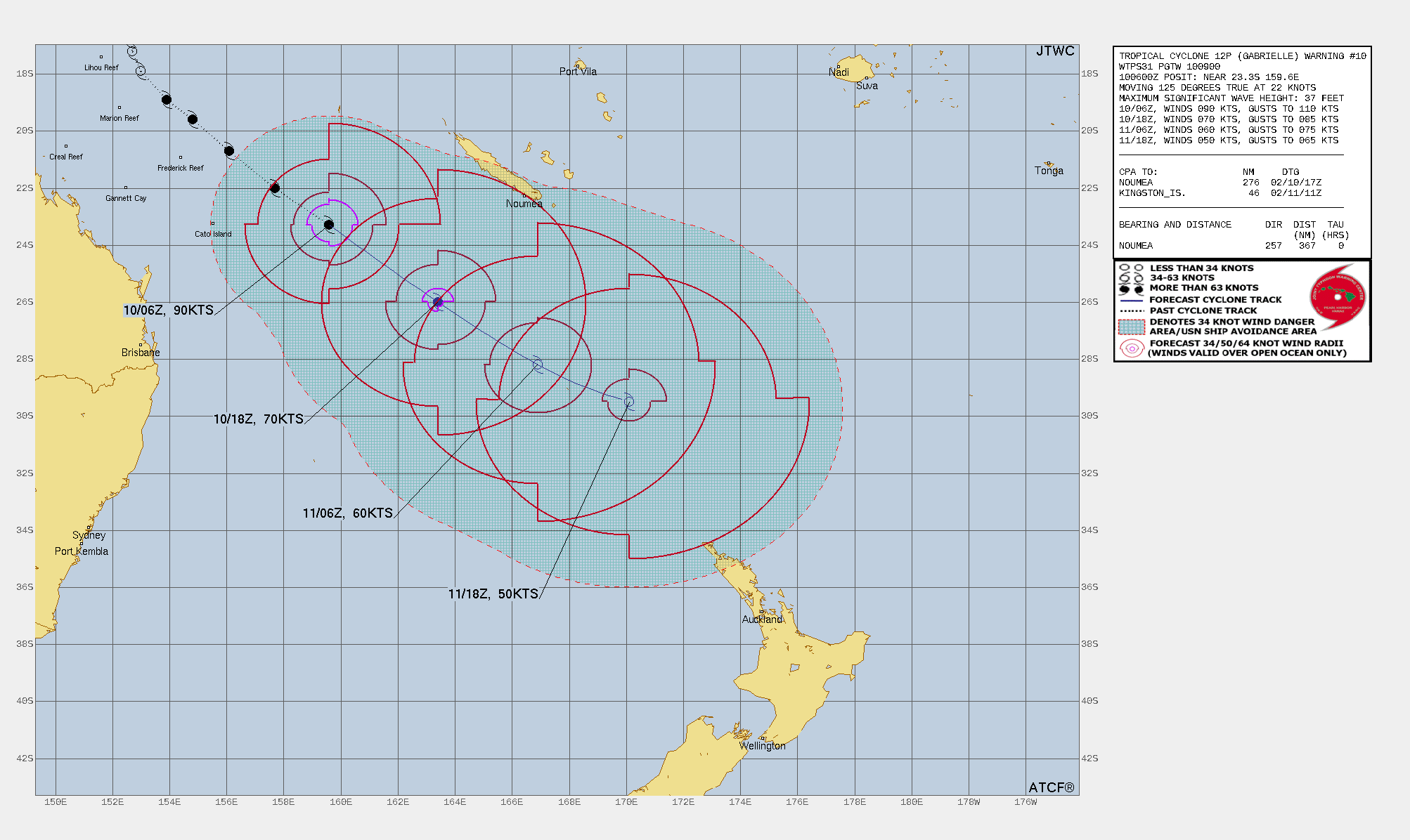 FORECAST REASONING.  SIGNIFICANT FORECAST CHANGES: THERE ARE NO SIGNIFICANT CHANGES TO THE FORECAST FROM THE PREVIOUS WARNING.  FORECAST DISCUSSION: HAVING REACHED ITS PEAK AT THE PRESENT ANALYSIS TIME, TC 12P WILL NOW RAPIDLY WEAKEN AND UNDERGO SUBTROPICAL TRANSITION (STT). THE SYSTEM WILL CONTINUE TO VERY RAPIDLY MOVE SOUTHEASTWARD ALONG THE TIGHT GRADIENT BETWEEN THE STR TO THE EAST AND THE TROUGH NOW ENCROACHING FROM THE WEST. TRACK SPEEDS ARE ANTICIPATED TO INCREASE FURTHER THROUGH TAU 12 BUT WILL THEN BEGIN TO SLOW AND TURN A BIT MORE EAST-SOUTHEASTWARD THROUGH THE END OF THE FORECAST AS THE SYSTEM MOVES UNDER THE UPPER-LEVEL TROUGH AND INTO A REDUCED STEERING GRADIENT. THE SYSTEM WILL CROSS THE 26C ISOTHERM IN THE NEXT FEW HOURS AND MOVE INTO STEADILY COOLER WATERS, ROBBING IT OF THE ENERGY SOURCE IT HAS ENJOYED THE PAST FEW DAYS. AT THE SAME TIME, THE TROUGH, WHICH HAS AN AXIS SITTING AT ABOUT 156E WILL RAPIDLY MOVE IN, BRINGING INCREASED SHEAR AND A WEDGE OF VERY DRY AIR OVER TOP OF THE SYSTEM, EFFECTIVELY DECAPITATING IT WITHIN THE NEXT 24 HOURS. THE COMBINATION OF THESE EFFECTS WILL LEAD TO RAPID WEAKENING, PARTICULARLY IN THE FIRST 24 HOURS. THE SYSTEM IS ALREADY STARTING THE VERY EARLY PHASES OF STT, AND TRANSITION TO A STORM-FORCE SUBTROPICAL LOW IS EXPECTED NO LATER THAN TAU 36 AND POTENTIALLY AS EARLY AS TAU 24. AFTER STT, THE SYSTEM WILL CONTINUE TO TRACK TOWARDS THE NORTH ISLAND OF NEW ZEALAND AND SOME MODELS SUGGEST SOME POTENTIAL FOR REINTENSIFICATION AS IT APPROACHES.