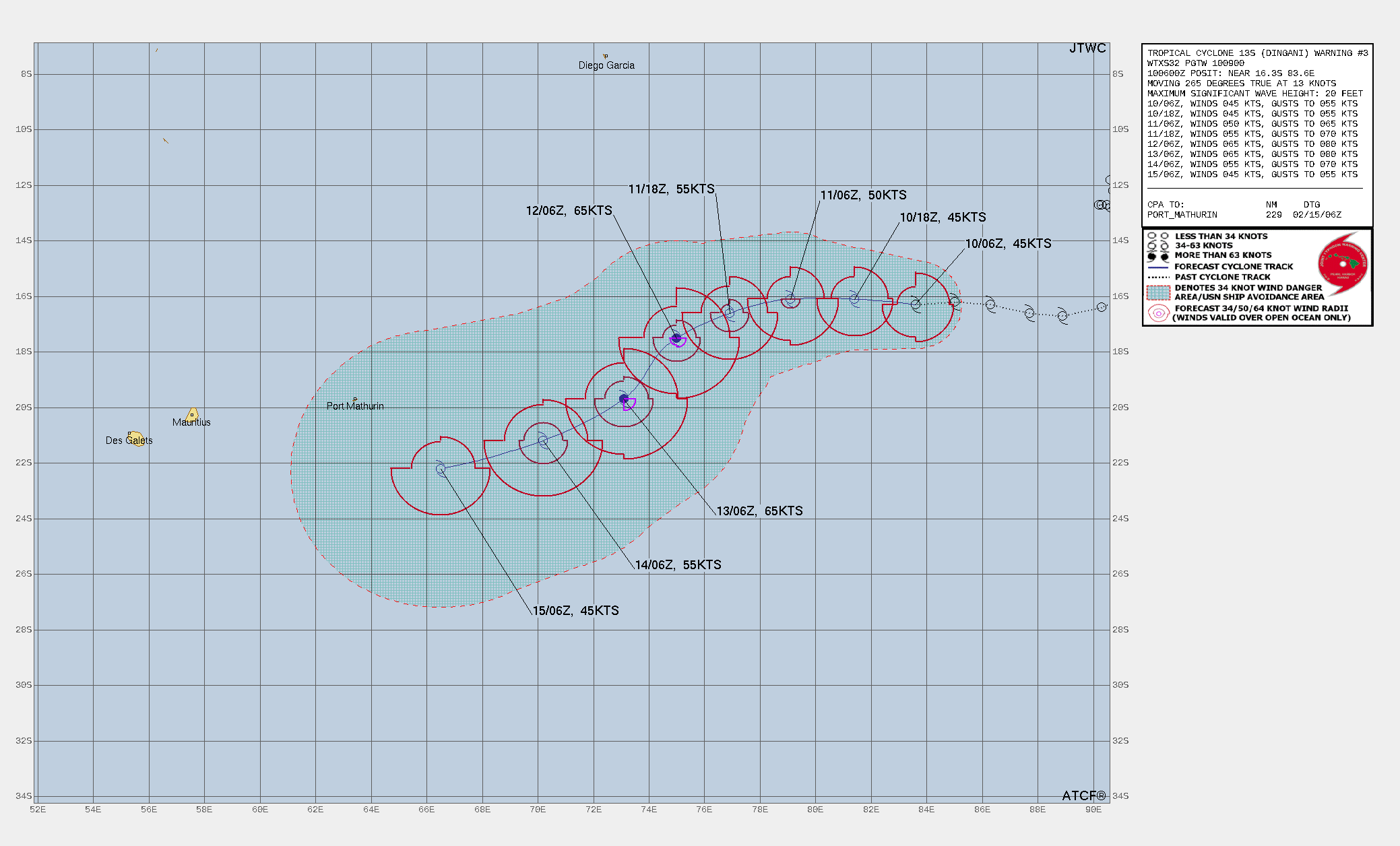 FORECAST REASONING.  SIGNIFICANT FORECAST CHANGES: THERE ARE NO SIGNIFICANT CHANGES TO THE FORECAST FROM THE PREVIOUS WARNING.  FORECAST DISCUSSION: THROUGH THE FIRST 36 HOURS OF THE FORECAST, TC 13S IS FORECAST TO TRACK GENERALLY WESTWARD ALONG THE NORTHERN PERIPHERY OF THE DEEP STR TO THE SOUTH. BY TAU 48, AN UPPER-LEVEL TROUGH MOVING IN FROM THE WEST WILL BREAK DOWN THE RIDGE AND PUSH THE CENTER TO THE EAST, RESULTING IN A MORE NORTH-SOUTH ORIENTED AXIS. TC 13S WILL TAKE A SHARP TURN SOUTHWESTWARD ALONG THE NEWLY REORIENTED RIDGE AXIS. A NEWLY FORMED STR WILL MOVE IN TO THE SOUTH BY TAU 96, AND THE FORECAST TRACK FLATTENS SOMEWHAT THROUGH THE REMAINDER OF THE FORECAST. SHEAR HAS ALREADY STARTED TO SLACKEN A BIT BASED ON THE LATEST CIMSS ANALYSIS, SUPPORTED BY THE REFORMATION OF A SMALL CENTRAL DENSE OVERCAST (CDO) OVER THE LLCC. HOWEVER, IT WILL LIKELY TAKE A BIT OF TIME FOR THE INTENSITY TO INCREASE SIGNIFICANTLY, THUS THE FORECAST CALLS FOR A FLAT INTENSITY TREND FOR THE FIRST 12 HOURS. BY TAU 24, SHEAR IS EXPECTED TO RELAX FURTHER, AND THE SYSTEM SHOULD START TO INTENSIFY MORE QUICKLY, REACHING A PEAK OF 65 KNOTS BY TAU 48. INCREASED NORTHWESTERLY SHEAR AHEAD OF THE DEEP TROUGH MOVING IN FROM THE WEST, AN INFLUX OF DRY MID-LEVEL AIR, AND REDUCED SSTS (NEAR 26C) WILL USHER IN A WEAKENING TREND FORM TAU 72 ONWARD.