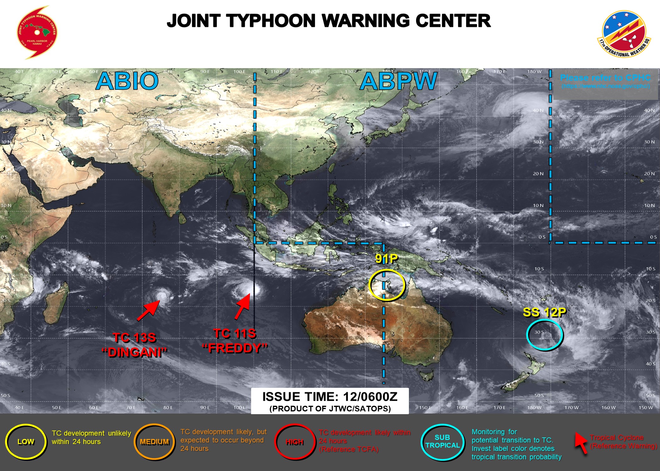 JTWC IS ISSUING 12HOURLY WARNINGS ON TC 11S(FREDDY) AND TC 13S(DINGANI).3HOURLY SATELLITE BULLETINS ARE ISSUED ON TC 11S, TC 13S AND STS 12P(GABRIELLE).