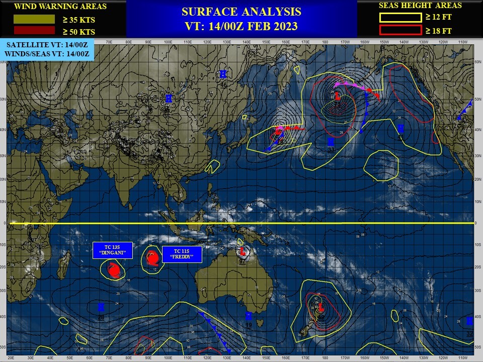 TC 11S(FREDDY) moving westwards,re-intensifying//TC 13S(DINGANI)poleward&decaying//12P:subtropical//Invest 91P//Invest 99W//1409utc
