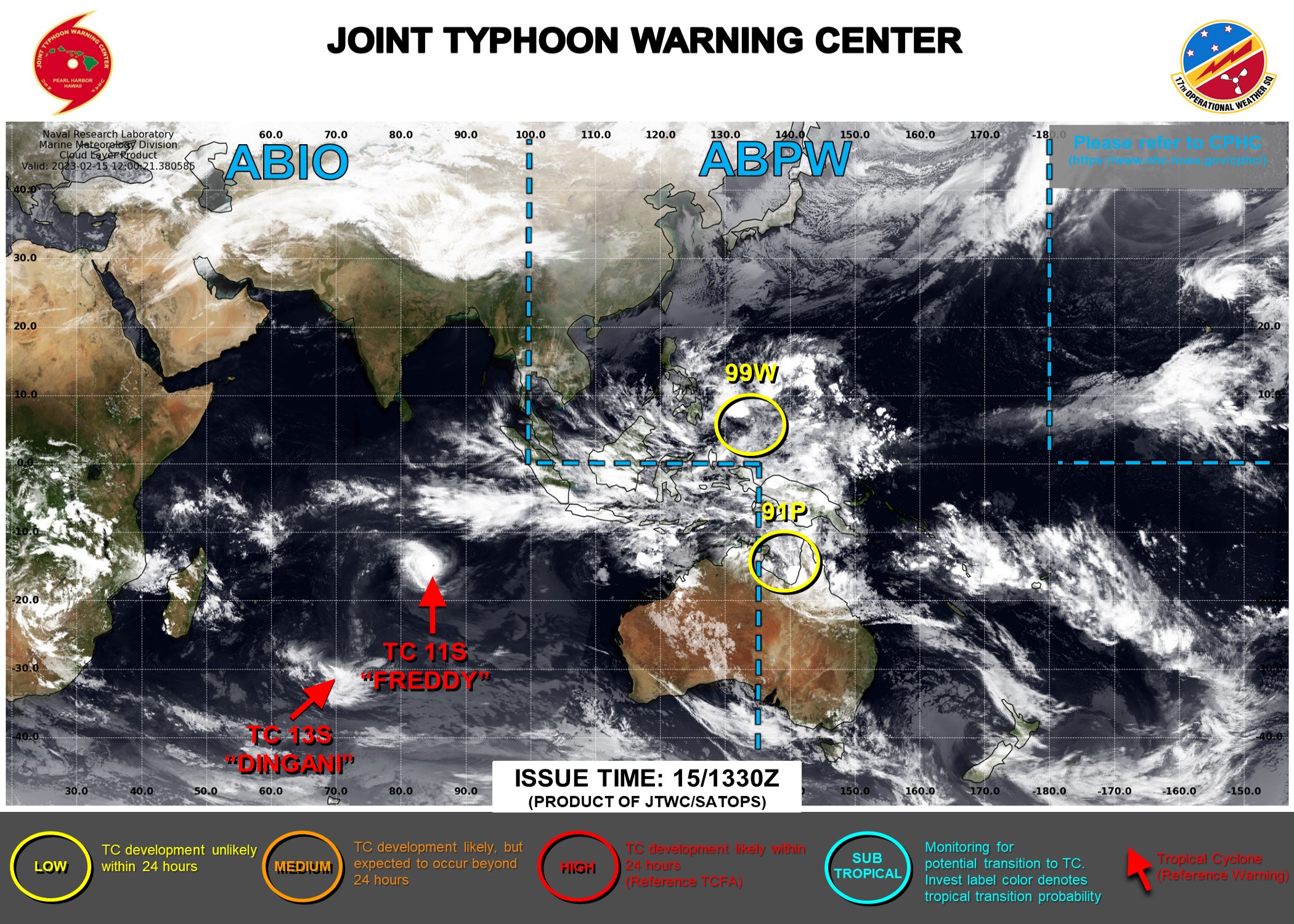 JTWC IS ISSUING 12HOURLY WARNINGS ON TC 11S(FREDDY) AND TC 13S(DINGANI). 3HOURLY SATELLITE BULLETINS ARE ISSUED ON 11S, 13S AND INVEST 91P.