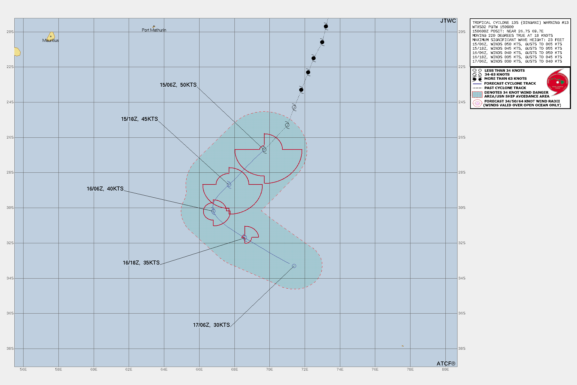 FORECAST REASONING.  SIGNIFICANT FORECAST CHANGES: THERE ARE NO SIGNIFICANT CHANGES TO THE FORECAST FROM THE PREVIOUS WARNING.  FORECAST DISCUSSION: TC DINGANI CONTINUES ITS SOUTH-SOUTHWESTWARD TRACK AS IT IS NOW APPROACHING COOLER WATERS. TC 13S WILL CONTINUE THIS TRAJECTORY AS IT DECREASES IN INTENSITY DUE TO INCREASING VWS, CONTINUAL DRY AIR ENTRAINMENT, AND DECLINING SSTS. BY TAU 24 TC DINGANI WILL BEGIN TO FALL UNDER THE INFLUENCE OF THE SUBTROPICAL JET AND TURN TO A SOUTHEASTWARD TRACK, ALL THE WHILE CONTINUING TO DECREASE IN INTENSITY AND COMPLETELY DISSIPATE BY TAU 48.