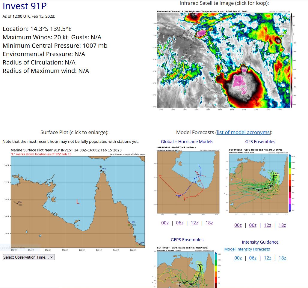 THE AREA OF CONVECTION (INVEST 91P) PREVIOUSLY LOCATED NEAR  15.1S 140.4E IS NOW LOCATED NEAR 14.9S 139.5E, APPROXIMATELY 105 NM  NORTH-NORTHEAST OF MORNINGTON ISLAND, AUSTRALIA. ANIMATED ENHANCED  INFRARED SATELLITE IMAGERY (EIR) AND A 150932Z SSMIS 91GHZ MICROWAVE  PASS DEPICT A WEAK AND ELONGATED LOW-LEVEL CIRCULATION (LLC) WITH A  RELATIVELY SMALL AREA OF CONVECTION IN THE SOUTHEASTERN PORTION OF THE  GULF OF CARPENTARIA. A 151200Z METAR FROM MORNINGTON ISLAND REVEALS  WINDS FROM THE SOUTHEAST AT 14KTS. ENVIRONMENTAL ANALYSIS REVEALS THAT  INVEST 91P IS IN A MARGINALLY FAVORABLE ENVIRONMENT FOR INTENSIFICATION  DUE LOW TO MODERATE (15-20) VWS, MODERATE POLEWARD OUTFLOW ALOFT, AND  VERY WARM (29-30C) SST. GLOBAL MODELS GENERALLY AGREE THAT INVEST 91P  TRACK IN A SOUTHEASTWARD TRAJECTORY BEFORE RECURVING SOUTHWEST, AND  MAKING LANDFALL OVER NORTHERN AUSTRALIA WITHIN THE NEXT 36 HOURS.  MAXIMUM SUSTAINED SURFACE WINDS ARE ESTIMATED AT 20 TO 25 KNOTS.  MINIMUM SEA LEVEL PRESSURE IS ESTIMATED TO BE NEAR 998 MB. THE  POTENTIAL FOR THE DEVELOPMENT OF A SIGNIFICANT TROPICAL CYCLONE WITHIN  THE NEXT 24 HOURS IS DOWNGRADED TO LOW. THE AREA OF CONVECTION (INVEST 91P) PREVIOUSLY LOCATED NEAR  15.1S 140.4E IS NOW LOCATED NEAR 14.9S 139.5E, APPROXIMATELY 105 NM  NORTH-NORTHEAST OF MORNINGTON ISLAND, AUSTRALIA. ANIMATED ENHANCED  INFRARED SATELLITE IMAGERY (EIR) AND A 150932Z SSMIS 91GHZ MICROWAVE  PASS DEPICT A WEAK AND ELONGATED LOW-LEVEL CIRCULATION (LLC) WITH A  RELATIVELY SMALL AREA OF CONVECTION IN THE SOUTHEASTERN PORTION OF THE  GULF OF CARPENTARIA. A 151200Z METAR FROM MORNINGTON ISLAND REVEALS  WINDS FROM THE SOUTHEAST AT 14KTS. ENVIRONMENTAL ANALYSIS REVEALS THAT  INVEST 91P IS IN A MARGINALLY FAVORABLE ENVIRONMENT FOR INTENSIFICATION  DUE LOW TO MODERATE (15-20) VWS, MODERATE POLEWARD OUTFLOW ALOFT, AND  VERY WARM (29-30C) SST. GLOBAL MODELS GENERALLY AGREE THAT INVEST 91P  TRACK IN A SOUTHEASTWARD TRAJECTORY BEFORE RECURVING SOUTHWEST, AND  MAKING LANDFALL OVER NORTHERN AUSTRALIA WITHIN THE NEXT 36 HOURS.  MAXIMUM SUSTAINED SURFACE WINDS ARE ESTIMATED AT 20 TO 25 KNOTS.  MINIMUM SEA LEVEL PRESSURE IS ESTIMATED TO BE NEAR 998 MB. THE  POTENTIAL FOR THE DEVELOPMENT OF A SIGNIFICANT TROPICAL CYCLONE WITHIN  THE NEXT 24 HOURS IS DOWNGRADED TO LOW.