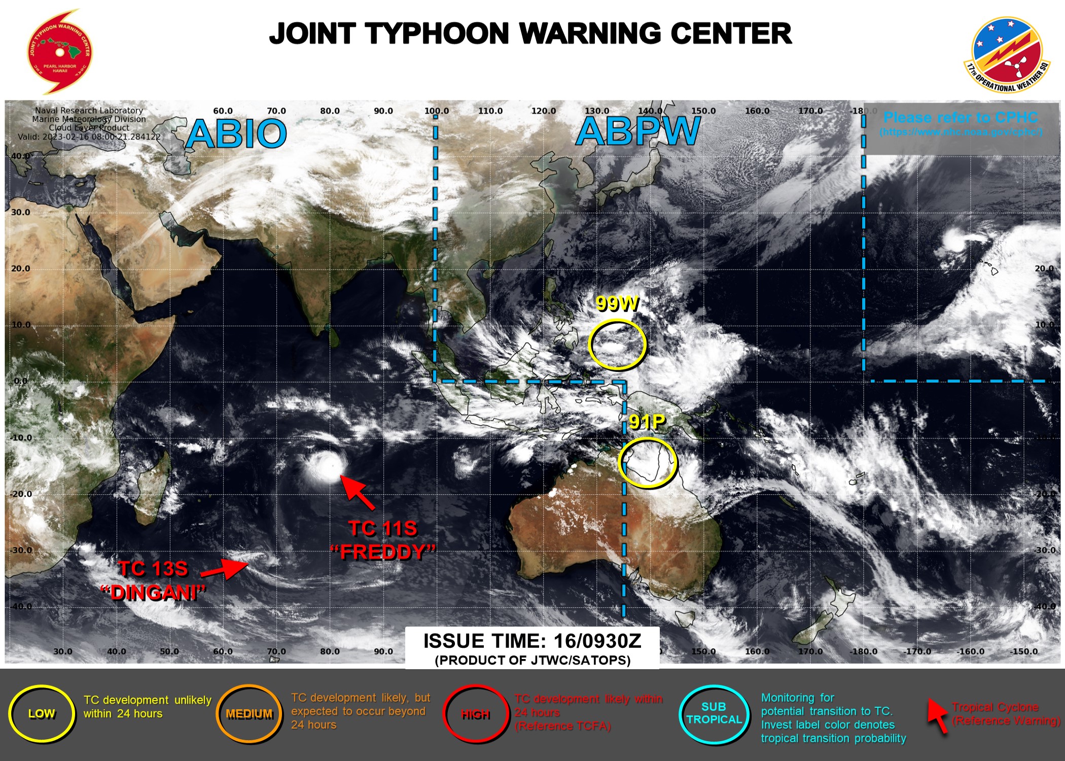 JTWC IS ISSUING 12HOURLY WARNINGS ON TC 11S(FREDDY). 3HOURLY SATELLITE BULLETINS ARE ISSUED ON 11S, 13S AND INVEST 91P.
