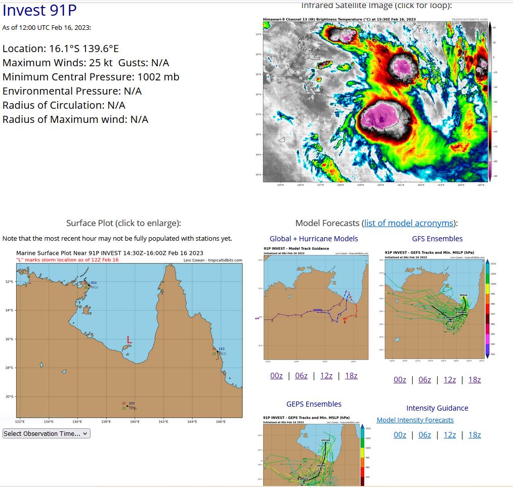 THE AREA OF CONVECTION (INVEST 91P) PREVIOUSLY LOCATED NEAR  14.9S 139.5E IS NOW LOCATED NEAR 15.0S 139.1E, APPROXIMATELY 102 NM  NORTH OF MORNINGTON ISLAND, AUSTRALIA. ANIMATED MULTISPECTRAL  SATELLITE IMAGERY (MSI) AND ANIMATED RADAR IMAGERY DEPICT A  DISORGANIZED LOW-LEVEL CIRCULATION (LLC). A 160032Z METOP-C IMAGE  SHOWS A BROAD AND ELONGATED CIRCULATION. ENVIRONMENTAL ANALYSIS  REVEALS THAT INVEST 91P IS IN A MARGINAL ENVIRONMENT FOR  INTENSIFICATION DUE TO MODERATE TO HIGH (20-25) VWS, MODERATE POLEWARD  OUTFLOW ALOFT, AND VERY WARM (29-30C) SST. GLOBAL MODELS ARE IN  AGREEMENT THAT INVEST 91P WILL TRACK SOUTHEASTWARD BEFORE RECURVING  SOUTHWEST, MAKING LANDFALL OVER NORTHERN AUSTRALIA WITHIN THE NEXT 24  HOURS. MAXIMUM SUSTAINED SURFACE WINDS ARE ESTIMATED AT 25 TO 30  KNOTS. MINIMUM SEA LEVEL PRESSURE IS ESTIMATED TO BE NEAR 998 MB. THE  POTENTIAL FOR THE DEVELOPMENT OF A SIGNIFICANT TROPICAL CYCLONE WITHIN  THE NEXT 24 HOURS REMAINS LOW. THE AREA OF CONVECTION (INVEST 91P) PREVIOUSLY LOCATED NEAR  14.9S 139.5E IS NOW LOCATED NEAR 15.0S 139.1E, APPROXIMATELY 102 NM  NORTH OF MORNINGTON ISLAND, AUSTRALIA. ANIMATED MULTISPECTRAL  SATELLITE IMAGERY (MSI) AND ANIMATED RADAR IMAGERY DEPICT A  DISORGANIZED LOW-LEVEL CIRCULATION (LLC). A 160032Z METOP-C IMAGE  SHOWS A BROAD AND ELONGATED CIRCULATION. ENVIRONMENTAL ANALYSIS  REVEALS THAT INVEST 91P IS IN A MARGINAL ENVIRONMENT FOR  INTENSIFICATION DUE TO MODERATE TO HIGH (20-25) VWS, MODERATE POLEWARD  OUTFLOW ALOFT, AND VERY WARM (29-30C) SST. GLOBAL MODELS ARE IN  AGREEMENT THAT INVEST 91P WILL TRACK SOUTHEASTWARD BEFORE RECURVING  SOUTHWEST, MAKING LANDFALL OVER NORTHERN AUSTRALIA WITHIN THE NEXT 24  HOURS. MAXIMUM SUSTAINED SURFACE WINDS ARE ESTIMATED AT 25 TO 30  KNOTS. MINIMUM SEA LEVEL PRESSURE IS ESTIMATED TO BE NEAR 998 MB. THE  POTENTIAL FOR THE DEVELOPMENT OF A SIGNIFICANT TROPICAL CYCLONE WITHIN  THE NEXT 24 HOURS REMAINS LOW.