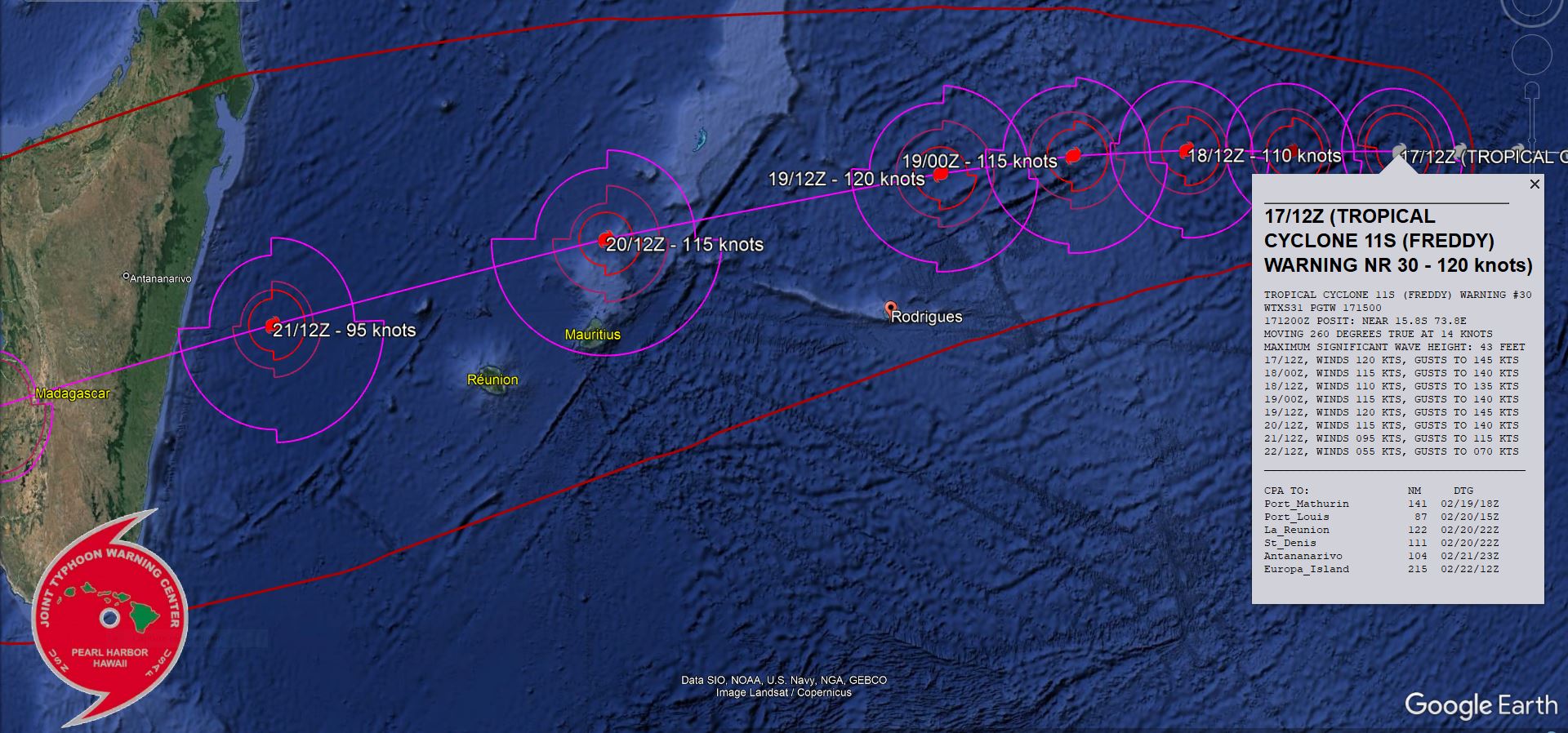 FORECAST REASONING.  SIGNIFICANT FORECAST CHANGES: THERE ARE NO SIGNIFICANT CHANGES TO THE FORECAST FROM THE PREVIOUS WARNING.  FORECAST DISCUSSION: TC 11S WILL CONTINUE TO TRACK WESTWARD THROUGH TAU 48 ALONG THE NORTHERN PERIPHERY OF THE STR. AFTER TAU 48, THE SYSTEM WILL TURN WEST-SOUTHWESTWARD AS THE STR REORIENTS TO THE SOUTHEAST WITH THE APPROACH OF A MAJOR SHORTWAVE TROUGH. THIS TROUGH IS EXPECTED TO FILL AND PROPAGATE QUICKLY EASTWARD, WHICH WILL ALLOW TC 11S TO RETURN TO A MORE WESTWARD TRACK NEAR TAU 120. DESPITE DRY AIR ENTRAINING AROUND THE PERIPHERY OF THE SYSTEM AND POSSIBLE UPWELLING COOL WATER, TC 11S REMAINS RESILIENT AND CONTINUES TO TRACK STEADILY WESTWARD AT 14 KNOTS. TC 11S IS EXPECTED TO WEAKEN SLIGHTLY BY TAU 24 BUT IS EXPECTED TO REINTENSIFY SLIGHTLY TO 120 KNOTS BY TAU 48. AFTER TAU 72, STEADY  WEAKENING IS ANTICIPATED AS THE SYSTEM APPROACHES MADAGASCAR NEAR TAU  96 THEN RAPID WEAKENING AS THE SYSTEM TRACKS OVER MADAGASCAR.