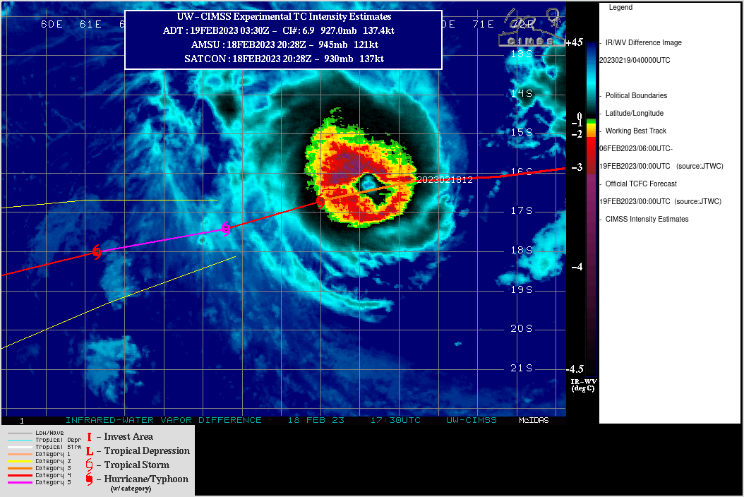 SATELLITE ANALYSIS, INITIAL POSITION AND INTENSITY DISCUSSION: ANIMATED ENHANCED INFRARED (EIR) SATELLITE IMAGERY SHOWS THAT TC 11S (FREDDY) HAS FULLY RECOVERED FROM THE DRY AIR INTRUSIONS IT FACED YESTERDAY AND HAS UNDERGONE A SHORT PERIOD OF EXTREMELY RAPID INTENSIFICATION, WITH DVORAK CURRENT INTENSITY (CI) ESTIMATES INCREASING FROM T5.5 TO T7.0 IN LESS THAN SIX HOURS. THIS OCCURRED AT OR NEAR THE DIURNAL CONVECTIVE MAXIMUM AND SAW CLOUD TOP TEMPERATURES DROP TO NEAR -80C WHILE EYE TEMPERATURES ROSE TO AN IMPRESSIVE +17C. THE PEAK OF THIS DRAMATIC INTENSIFICATION OCCURRED NEAR 182200Z AND IN THE SUBSEQUENT HOURS UP TO 190000Z, CLOUD TOP TEMPS HAVE WARMED TO -74C AND THE EYE INCREASED IN SIZE TO 25NM (NEARLY ONE-THIRD THE RADIUS OF THE INNER CORE OF THE SYSTEM) AND THUS INSTANTANEOUS DVORAK ESTIMATES HAVE STARTED TO FALL PRECIPITOUSLY (DOWN TO 6.1 BY 0000Z). A 182325Z SSMIS 91GHZ MICROWAVE IMAGE REVEALED WHAT LOOKS LIKE AN ANNULAR OR NEAR-ANNULAR CYCLONE, WITH A SOLID INNER CORE AND ONLY ONE VERY WEAK, DISTANT BANDING FEATURE. THE INITIAL POSITION IS ASSESSED WITH HIGH CONFIDENCE BASED ON THE EYE FEATURES IN THE MICROWAVE AND EIR IMAGERY. THE INITIAL INTENSITY IS ASSESSED WITH HIGH CONFIDENCE AS WELL, THOUGH HEDGED SLIGHTLY LOWER THAN THE T7.0 CI'S FROM PGTW, FMEE AND FIMP DUE TO THE ALREADY RAPIDLY FALLING RAW ADT VALUES AND T6.5 CI'S FROM KNES AND DEMS. ENVIRONMENTAL CONDITIONS REMAIN FAVORABLE, WITH LOW (0-5 KTS) VWS, WARM (28-29C) SSTS WITH MODEST OCEAN HEAT CONTENT (OHC) AND STRONG RADIAL OUTFLOW.