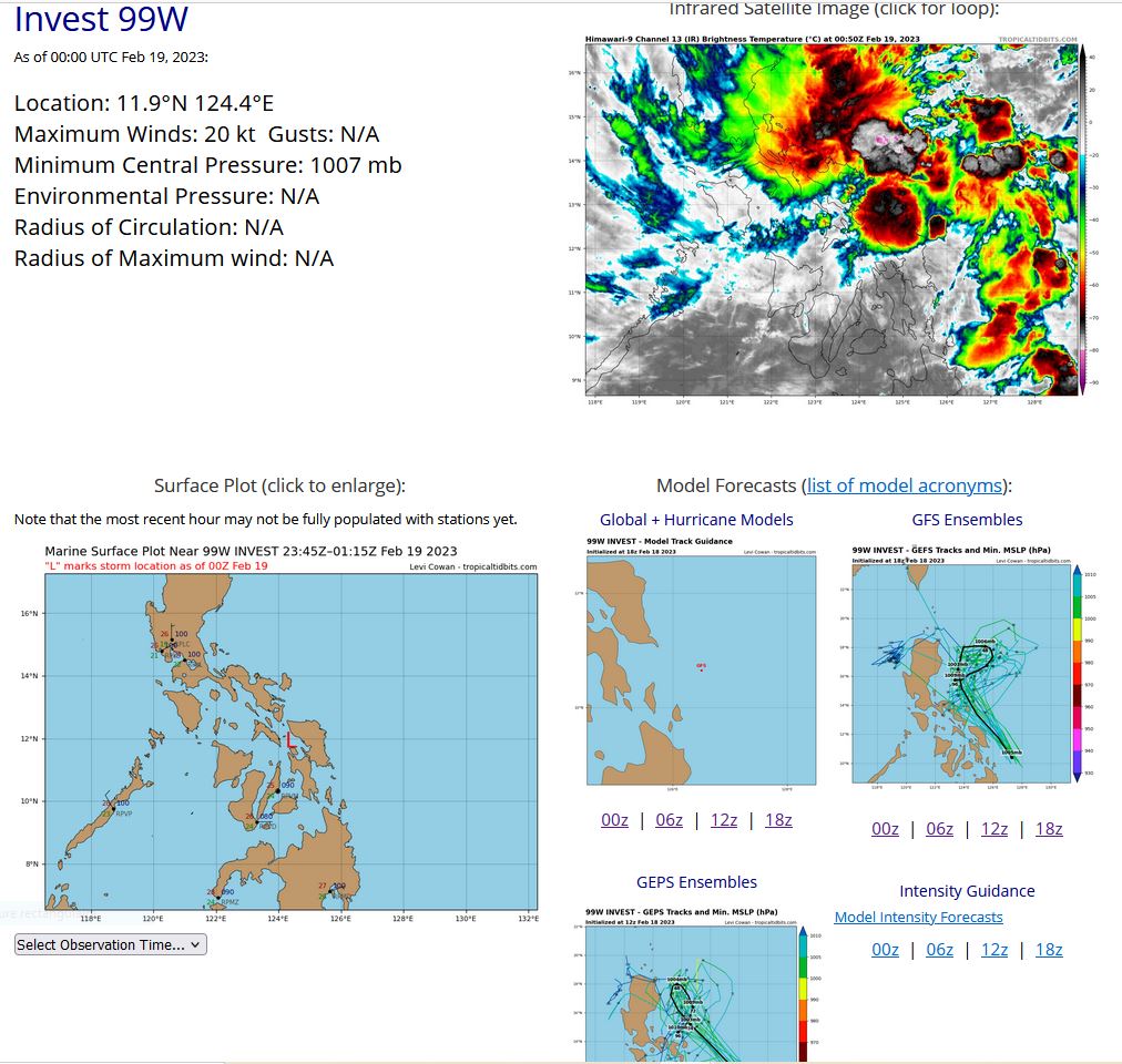 THE AREA OF CONVECTION (INVEST 99W) PREVIOUSLY LOCATED NEAR  7.2N 129.3E IS NOW LOCATED NEAR 11.9N 124.4E, APPROXIMATELY 255 NM  SOUTHEAST OF MANILA, PHILIPPINES. ANIMATED MULTISPECTRAL IMAGERY (MSI)  DEPICT A BROAD AREA OF DISORGANIZED CONVECTION OVER THE CENTRAL PHILIPPINE  ISLANDS. A 190152Z ASCAT-B PASS SHOW A REGION OF GENERAL CYCLONIC  TURNING DISRUPTED BY NUMEROUS ISLANDS. ENVIRONMENTAL ANALYSIS REVEALS  THAT 99W IS IN A MARGINALLY FAVORABLE REGION FOR DEVELOPMENT DUE TO HIGH  (25-30KT) VWS, OFFSET BY GOOD WESTWARD OUTFLOW AND WARM (26-27C) SSTS.  THE PLACEMENT OF INVEST 99W IS DIFFICULT DUE TO THE LOW LEVEL CIRCULATION  ESTIMATED TO BE OVER THE CENTRAL PHILIPPINE ISLANDS. LAND INTERACTION IS  PLAYING A ROLE IN LIMITING CONSOLIDATION AT THIS TIME. DETERMINISTIC AND  ENSEMBLE MODEL GUIDANCE INDICATE INVEST 99W WILL TRANSIT NORTH AND BECOME  BETTER ORGANIZED IN APPROXIMATELY 18-24 HOURS OVER THE WATERS NORTHEAST OF  LAMON BAY. MAXIMUM SUSTAINED SURFACE WINDS ARE ESTIMATED AT 15 TO 20  KNOTS. MINIMUM SEA LEVEL PRESSURE IS ESTIMATED TO BE NEAR 1007 MB. THE  POTENTIAL FOR THE DEVELOPMENT OF A SIGNIFICANT TROPICAL CYCLONE WITHIN  THE NEXT 24 HOURS REMAINS MEDIUM.