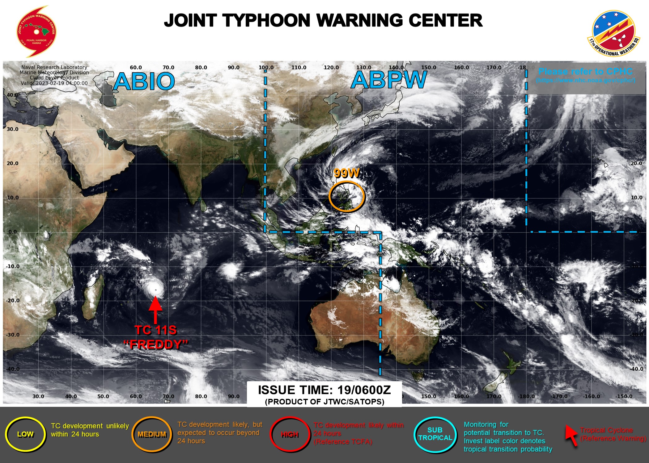 JTWC IS ISSUING 12HOURLY WARNINGS AND 3HOURLY SATELLITE BULLETINS ON TC 11S(FREDDY). 3HOURLY SATELLITE BULLETINS ARE ALSO ISSUED ON INVEST 93S.