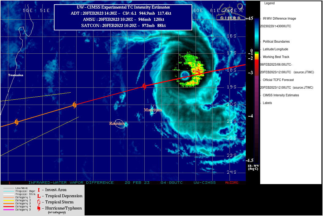 SATELLITE ANALYSIS, INITIAL POSITION AND INTENSITY DISCUSSION: TC FREDDY IS SHOWING SIGNS OF WEAKENING AS IT TRANSITS NORTH OF MAURITIUS AND LA REUNION. ANIMATED MULTISPECTRAL SATELLITE IMAGERY (MSI) DEPICTS A FAIRLY SYMMETRICAL SYSTEM WITH EVIDENCE OF SPIRAL BANDING IN THE NORTHERN AND SOUTHERN PERIPHERIES. ANALYSIS OF THE 201200Z IR-BD LOOP INDICATES DETERIORATION OF THE EYEWALL IN THE SOUTHWEST QUADRANT, AND INSPECTION OF THE CIMMS 6-HOUR CLOUD TOP TEMPERATURE TRENDS REVEAL WARMING CLOUD TOPS IN THE SOUTHEAST QUADRANT. THE 201300Z METAR FROM SIR SEEWOOSAGUR RAMGOOLAM INTERNATIONAL AIRPORT, MAURITIUS REPORTS WINDS FROM THE EAST-NORTHEAST AT 30 KNOTS WITH GUSTS OF 42 KNOTS. ENVIRONMENTAL ANALYSIS INDICATES TC 11S TO BE IN FAVORABLE CONDITIONS FOR CONTINUAL TROPICAL ACTIVITY. THESE CONDITIONS ARE CHARACTERIZED BY CONSISTENT WESTERLY OUTFLOW ALOFT, LOW (5-10 KTS) VERTICAL WIND SHEAR (VWS), A VERY STRONG 850 MB VORTICITY SIGNATURE, AND WARM (27-28 C) SEA SURFACE TEMPERATURES (SST). THE INITIAL POSITION IS PLACED WITH HIGH CONFIDENCE BASED ON THE AFOREMENTIONED MSI AND THE MAURITIUS RADAR LOOP. THE INITIAL INTENSITY OF 120 KTS IS ASSESSED WITH MEDIUM CONFIDENCE SET BASED OF THE BLEND OF MULTI-AGENCY AND AUTOMATED DVORAK ESTIMATES.