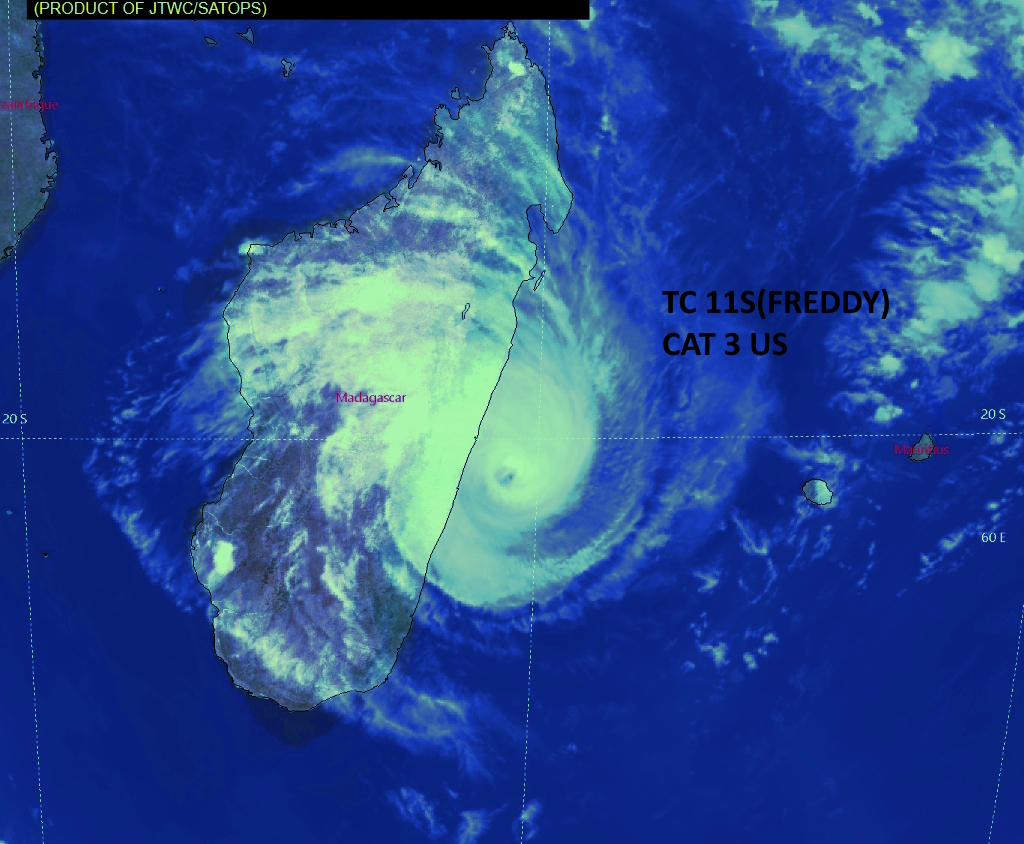 CAT 3 US TC 11S(FREDDY) striking Mananjary/MADAGASCAR final landfall over Southern MOZ//Invest 93S//3 week GTHO maps//2115utc