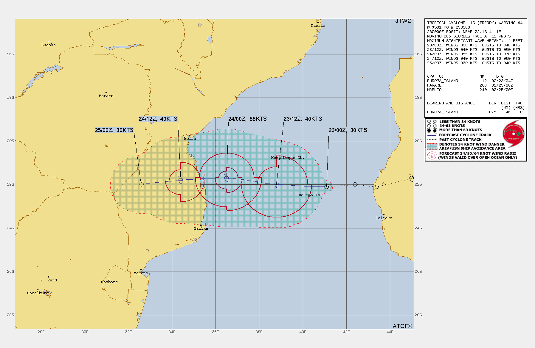 FORECAST REASONING.  SIGNIFICANT FORECAST CHANGES: THERE ARE NO SIGNIFICANT CHANGES TO THE FORECAST FROM THE PREVIOUS WARNING.  FORECAST DISCUSSION: TROPICAL CYCLONE 11S (FREDDY) HAS EMERGED OVER THE MOZAMBIQUE CHANNEL AND WILL CONTINUE WESTWARD, MAKING LANDFALL IN MOZAMBIQUE IN 24-36 HOURS. DYNAMICAL MODEL GUIDANCE IS IN GOOD AGREEMENT ON THIS TRACK AS THE SUBTROPICAL RIDGE TO THE SOUTH GUIDES FREDDY ACROSS THE CHANNEL. SOME INTENSIFICATION IS EXPECTED AS FREDDY REGENERATES DEEP CONVECTION AROUND ITS STILL WELL-DEFINED LOW-LEVEL CIRCULATION. HOWEVER, THE BROADNESS OF THE CIRCULATION IN THE WAKE OF CROSSING MADAGASCAR LIKELY PLACES A LIMIT ON HOW RAPIDLY THIS INTENSIFICATION CAN OCCUR. LIGHT SOUTHWESTERLY VERTICAL SHEAR AND THE PROXIMITY OF DRY AIR TO THE SOUTHWEST MAY ALSO RESTRAIN THE PACE OF DEVELOPMENT SOMEWHAT. DYNAMICAL MODEL GUIDANCE PREDICTS A RANGE OF PEAK INTENSITIES FROM 40 TO 60 KT PRIOR TO LANDFALL. THE JTWC INTENSITY FORECAST IS IN THE UPPER END OF THIS RANGE, SHOWING A PEAK OF 55 KT IN 24 HOURS, CLOSEST TO THE HWRF, COAMPS-TC, AND GFS MODELS. DYNAMICAL MODELS GENERALLY AGREE THAT AXISYMMETRIZATION OF FREDDY'S CONVECTIVE CORE WILL OCCUR DURING THE 12-24 HOUR PERIOD AS DEEPLY MOIST AIR IS ADVECTED FROM THE NORTHERN SIDE OF THE CYCLONE AROUND TO THE SOUTHERN SIDE, REPLACING THE DRY AIR THAT CURRENTLY EXISTS IN THE SOUTHWESTERN QUADRANT. THIS STRUCTURAL EVOLUTION IS FAVORABLE FOR INTENSIFICATION, HENCE JTWC'S ASSESSMENT THAT THE HWRF, COAMPS-TC, AND GFS FORECASTS ARE REALISTIC. THERE IS A NORMAL (MODERATE) LEVEL OF CONFIDENCE IN THE FORECAST OVERALL.
