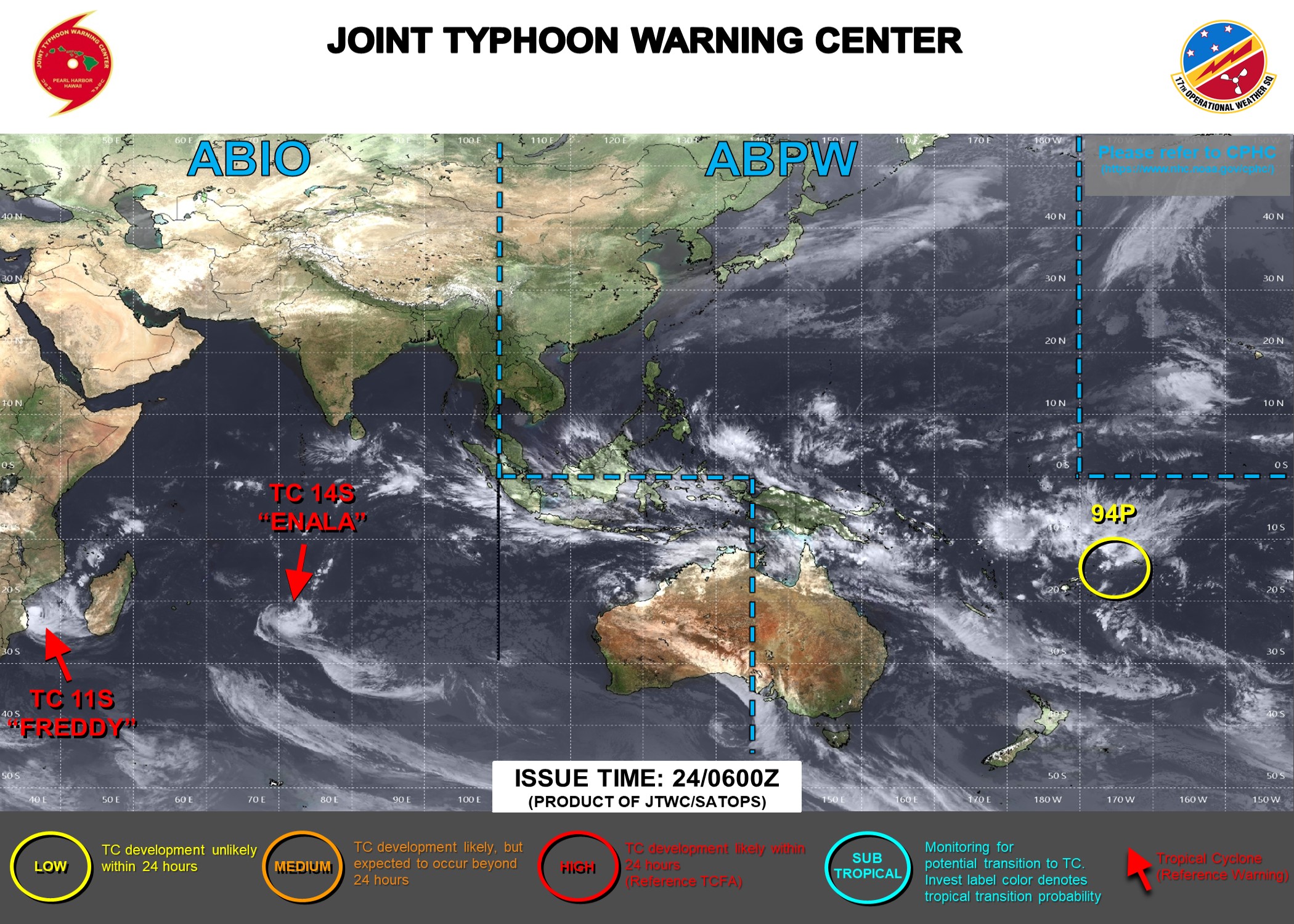 JTWC IS ISSUING 12HOURLY WARNINGS AND 3HOURLY SATELLITE BULLETINS ON TC 11S(FREDDY) AND TC 14S(ENALA).