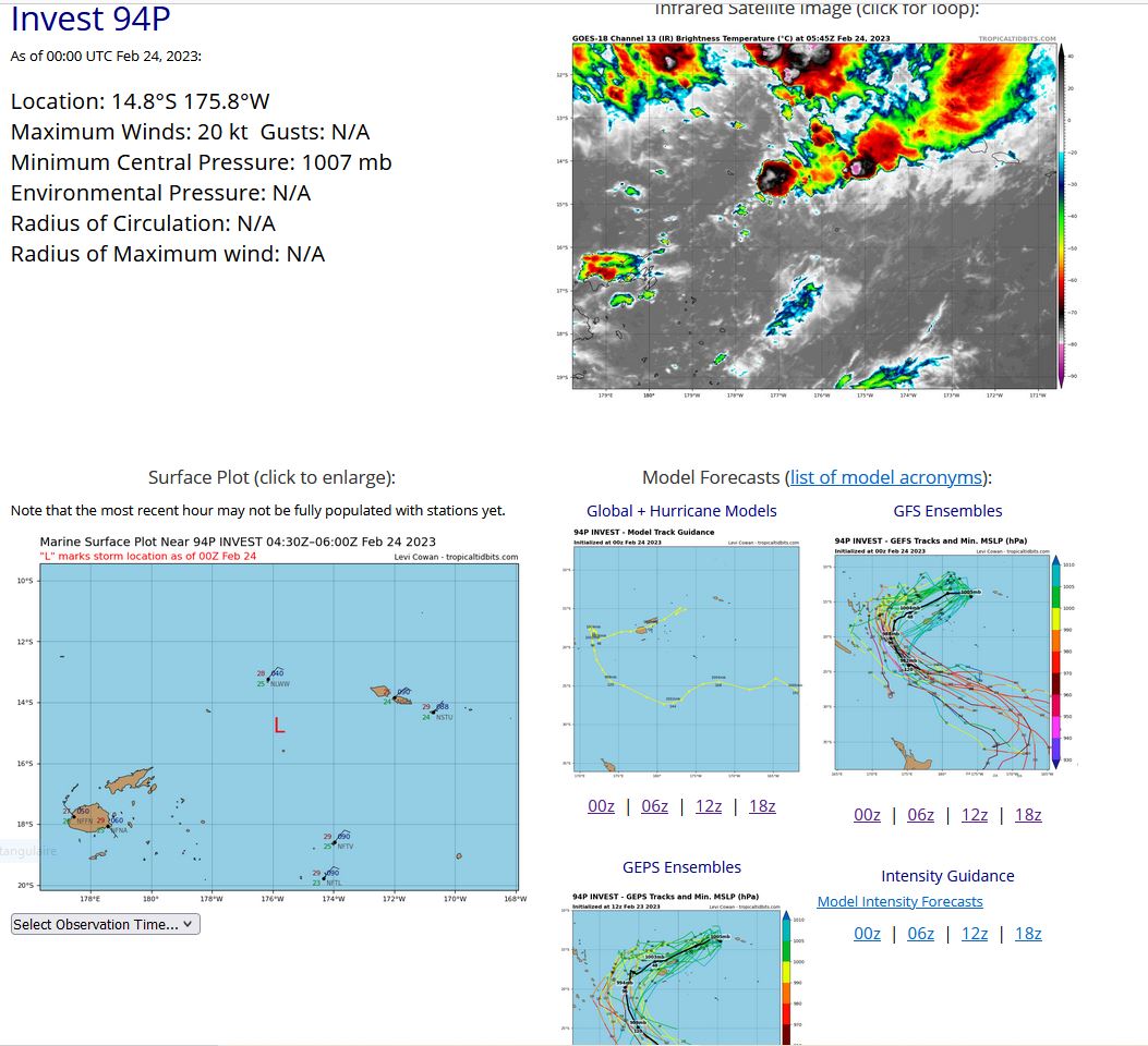 AN AREA OF CONVECTION (INVEST 94P) HAS PERSISTED NEAR 14.8S  175.8E, APPROXIMATELY 300 NM WEST OF PAGO PAGO, AMERICAN SAMOA. ANIMATED  MULTISPECTRAL SATELLITE IMAGERY (MSI) DEPICTS A FULLY EXPOSED LOW LEVEL  CIRCULATION (LLC) WITH BUILDING CONVECTION IN THE NORTHERN AND EASTERN  QUADRANTS. THIS CIRCULATION APPEARS TO BE A SPINNER ASSOCIATED WITH A  MUCH BROADER AREA OF TROUGHING AS INDICATED ON A RECENT SCATTEROMETRY  IMAGE. ENVIRONMENTAL ANALYSIS REVEALS THAT INVEST 94P IS IN A MARGINAL  AREA FOR TROPICAL DEVELOPMENT CHARACTERIZED BY MODERATE (35-40 KTS)  EQUATORWARD UPPER LEVEL OUTFLOW, A GOOD 850MB VORTICITY SIGNATURE, VERY  WARM (29-30) SEA SURFACE TEMPERATURES (SSTS), OFFSET BY HIGH (30-40 KTS)  VERTICAL WIND SHEAR (VWS). ALTHOUGH INVEST 94P IS NOT TOO IMPRESSIVE ON  SATELLITE, NAVGEM, ICON, AND GFS DETERMINISTIC ALONG WITH GEFS ENSEMBLE  GUIDANCE SHOWS THE DISTURBANCE HEADING WESTWARD INTO A MORE FAVORABLE  ENVIRONMENT AND CONSOLIDATING OVER THE NEXT 48-72 HOURS. MAXIMUM  SUSTAINED SURFACE WINDS ARE ESTIMATED AT 15 TO 20 KNOTS. MINIMUM SEA  LEVEL PRESSURE IS ESTIMATED TO BE NEAR 1007 MB. THE POTENTIAL FOR THE  DEVELOPMENT OF A SIGNIFICANT TROPICAL CYCLONE WITHIN THE NEXT 24 HOURS IS  LOW.
