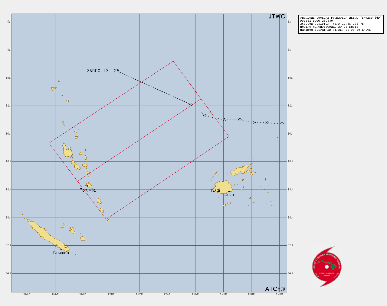 THE AREA OF CONVECTION (INVEST 94P) PREVIOUSLY LOCATED NEAR  13.0S 179.2E IS NOW LOCATED NEAR 11.9S 175.7E, APPROXIMATELY 363 NM  NORTH-NORTHWEST OF NADI, FIJI. ANIMATED MULTISPECTRAL SATELLITE IMAGERY  (MSI) AND A 260146Z 183GHZ ATMS IMAGE DEPICT WEAK CONVECTIVE BANDING IN  THE NORTHERN AND WESTERN QUADRANTS THAT HAS NOT YET COMPLETELY WRAPPED  AROUND THE LOW LEVEL CIRCULATION (LLC). THE MOST RECENT 252151Z METOP-B  ASCAT IMAGE SHOWS STRAIGHT-LINE WIND FLOW OF 30-35KTS ON THE EASTERN  SIDE OF THE LLC, WHICH ALIGNS WITH THE CURRENT MODEL DATA. ENVIRONMENTAL  ANALYSIS REVEALS THAT INVEST 94P IS IN A FAVORABLE AREA OF DEVELOPMENT  WITH NEAR RADIAL OUTFLOW, VERY WARM (30-31C) SEA SURFACE TEMPERATURES,  OFFSET BY LOW TO MODERATE (10-20KT) VERTICAL WIND SHEAR (VWS). MULTIPLE  DETERMINISTIC AND ENSEMBLE MODELS INDICATE THAT DEVELOPMENT IS LIKELY AS  THE SYSTEM TRACKS SOUTHWESTWARD OVER THE NEXT 48 HOURS. MAXIMUM  SUSTAINED SURFACE WINDS ARE ESTIMATED AT 25 TO 30 KNOTS. MINIMUM SEA  LEVEL PRESSURE IS ESTIMATED TO BE NEAR 1005 MB. THE POTENTIAL FOR THE  DEVELOPMENT OF A SIGNIFICANT TROPICAL CYCLONE WITHIN THE NEXT 24 HOURS  REMAINS HIGH. THE AREA OF CONVECTION (INVEST 94P) PREVIOUSLY LOCATED NEAR  13.0S 179.2E IS NOW LOCATED NEAR 11.9S 175.7E, APPROXIMATELY 363 NM  NORTH-NORTHWEST OF NADI, FIJI. ANIMATED MULTISPECTRAL SATELLITE IMAGERY  (MSI) AND A 260146Z 183GHZ ATMS IMAGE DEPICT WEAK CONVECTIVE BANDING IN  THE NORTHERN AND WESTERN QUADRANTS THAT HAS NOT YET COMPLETELY WRAPPED  AROUND THE LOW LEVEL CIRCULATION (LLC). THE MOST RECENT 252151Z METOP-B  ASCAT IMAGE SHOWS STRAIGHT-LINE WIND FLOW OF 30-35KTS ON THE EASTERN  SIDE OF THE LLC, WHICH ALIGNS WITH THE CURRENT MODEL DATA. ENVIRONMENTAL  ANALYSIS REVEALS THAT INVEST 94P IS IN A FAVORABLE AREA OF DEVELOPMENT  WITH NEAR RADIAL OUTFLOW, VERY WARM (30-31C) SEA SURFACE TEMPERATURES,  OFFSET BY LOW TO MODERATE (10-20KT) VERTICAL WIND SHEAR (VWS). MULTIPLE  DETERMINISTIC AND ENSEMBLE MODELS INDICATE THAT DEVELOPMENT IS LIKELY AS  THE SYSTEM TRACKS SOUTHWESTWARD OVER THE NEXT 48 HOURS. MAXIMUM  SUSTAINED SURFACE WINDS ARE ESTIMATED AT 25 TO 30 KNOTS. MINIMUM SEA  LEVEL PRESSURE IS ESTIMATED TO BE NEAR 1005 MB. THE POTENTIAL FOR THE  DEVELOPMENT OF A SIGNIFICANT TROPICAL CYCLONE WITHIN THE NEXT 24 HOURS  REMAINS HIGH.