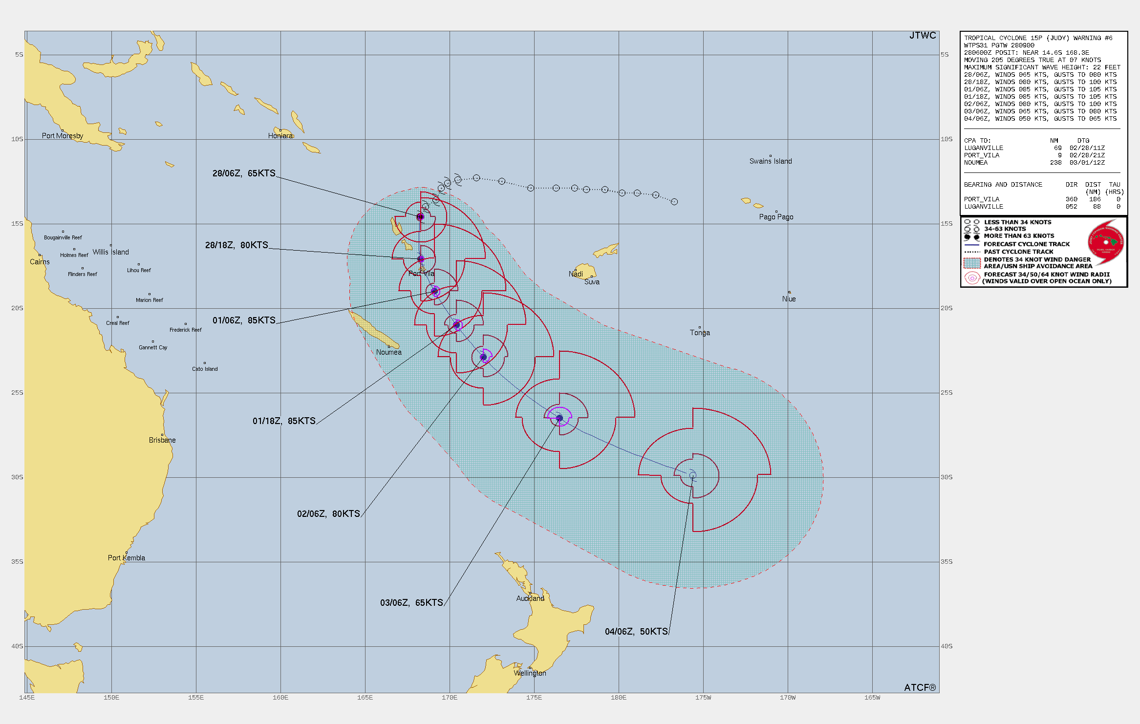 FORECAST REASONING.  SIGNIFICANT FORECAST CHANGES: THERE ARE NO SIGNIFICANT CHANGES TO THE FORECAST FROM THE PREVIOUS WARNING.  FORECAST DISCUSSION: TC JUDY CONTINUES ITS SOUTHWARD TRACK AS IT CROSSES THE STR AXIS TO THE EAST. AFTER TAU 12, THE SYSTEM WILL SHIFT SOUTH-SOUTHEASTWARD AND INCREASE IN INTENSITY TO 85 KNOTS. TC JUDY WILL MAINTAIN THIS INTENSITY AS IT MAKES A FURTHER SHIFT SOUTHEASTWARD BY TAU 24. BY TAU 36, TC 15P WILL PICK-UP IN TRACK SPEED AND DECREASE IN INTENSITY TO 80 KNOTS AS IT WILL BEGIN TO ENTER A MORE HOSTILE ENVIRONMENT CHARACTERIZED BY STRONGER VWS AND CONTINUAL DRY AIR FROM THE WEST BEING WRAPPED INTO THE SYSTEM. BY TAU 72, TC JUDY WILL CROSS OVER RELATIVELY COOLER (25-26 C) SSTS AND BEGIN TO MAKE ITS TRANSITION TO A SUBTROPICAL SYSTEM. BY TAU 96, TC 15P WILL BECOME FULLY SUBTROPICAL.