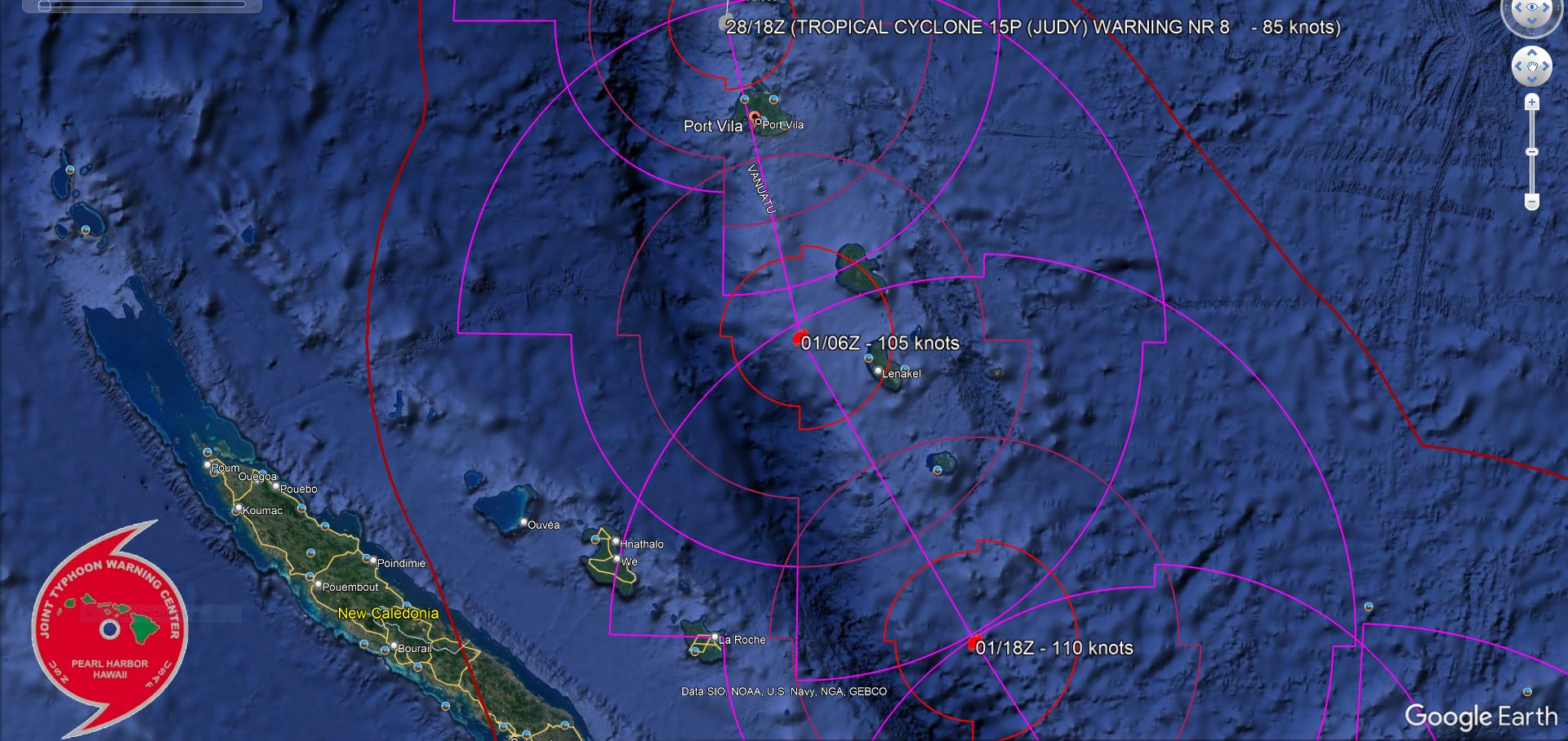 TC 15P(JUDY) rapid intensification past 24h now CAT 2 US tracking almost over PORT VILA and forecast to peak at 110knots by 48h//2821utc