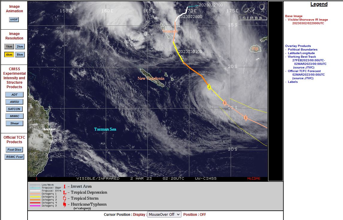 FORECAST REASONING.  SIGNIFICANT FORECAST CHANGES: THERE ARE NO SIGNIFICANT CHANGES TO THE FORECAST FROM THE PREVIOUS WARNING.  FORECAST DISCUSSION: TC 15P (JUDY) IS FORECAST TO CONTINUE ON ITS SOUTHEASTWARD TRACK AS IT PROGRESSES ALONG THE OUTER PERIPHERY OF THE STR TO THE EAST-NORTHEAST. AS 15P TRANSITS POLEWARD, IT WILL BE IN AN INCREASINGLY HOSTILE ENVIRONMENT CHARACTERIZED BY STRONGER VWS, AND INCREASING DRY AIR ENTRAINMENT, THESE FACTORS WILL CONSPIRE TO WEAKEN THE SYSTEM TO AROUND 70 KTS BY TAU 24. AFTER TAU 24, THE SYSTEM WILL BEGIN ITS SUBTROPICAL TRANSITION (STT) AND A FURTHER DECREASE IN INTENSITY TO 55 KTS IS ANTICIPATED AS THE SYSTEM CROSSES THE 26 C ISOTHERM. BY TAU 36, 15P WILL CONTINUE ITS STT AND WILL CONTINUE TO FEEL THE EFFECTS OF DRY AIR ENTRAINMENT FROM THE NORTHWEST BEING WRAPPED INTO THE CENTER. BY TAU 48, 15P WILL HAVE WEAKENED TO AROUND 50 KTS AND BECOME FULLY SUBTROPICAL.