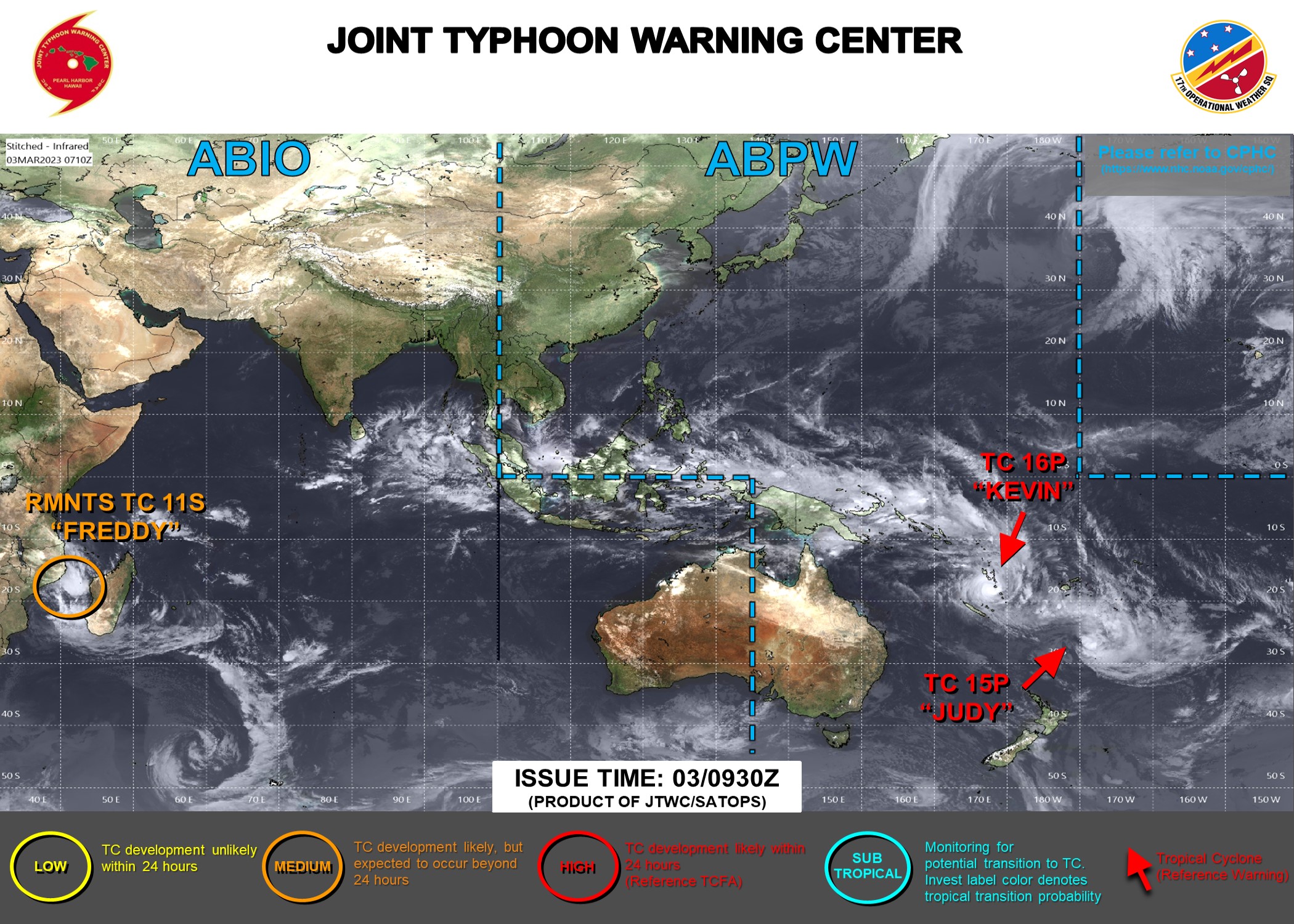 JTWC IS ISSUING 6 HOURLY WARNINGS AND 3HOURLY SATELLITE BULLETINS ON TC 16P(KEVIN). 3HOURLY SATELLITE BULLETINS ARE ISSUED ON STC 15P(JUDY) AND THE REMNANTS OF TC 11S(FREDDY).